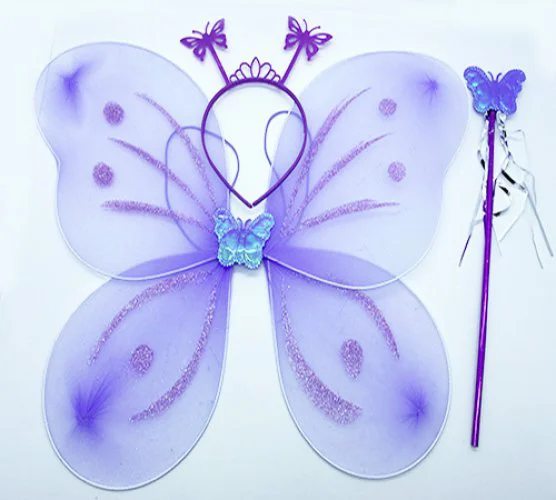 Lila Mor Kelebek Kız Seti – 50 cm Kelebek Kanadı, Taç ve Asa