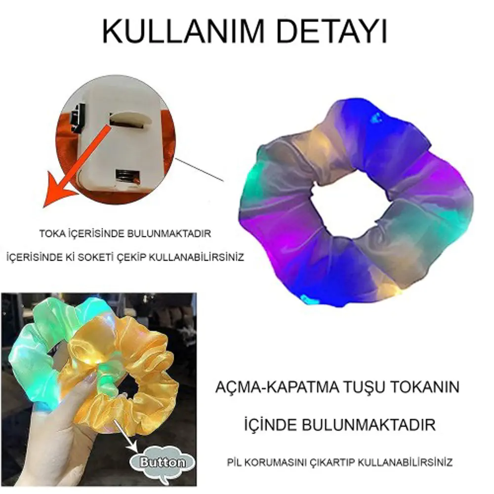 Lila Mor Renk Led Işıklı Lastikli Saç Tokası - 3 Modlu Festival &