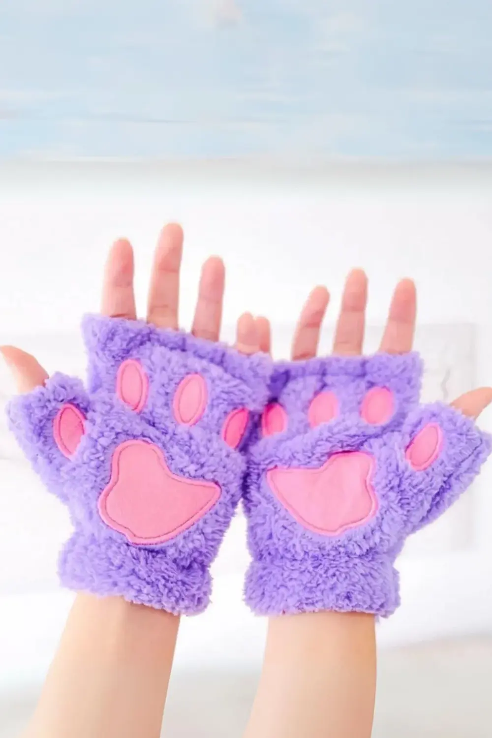 Lila Peluş Pati Kesik Parmak Eldiven