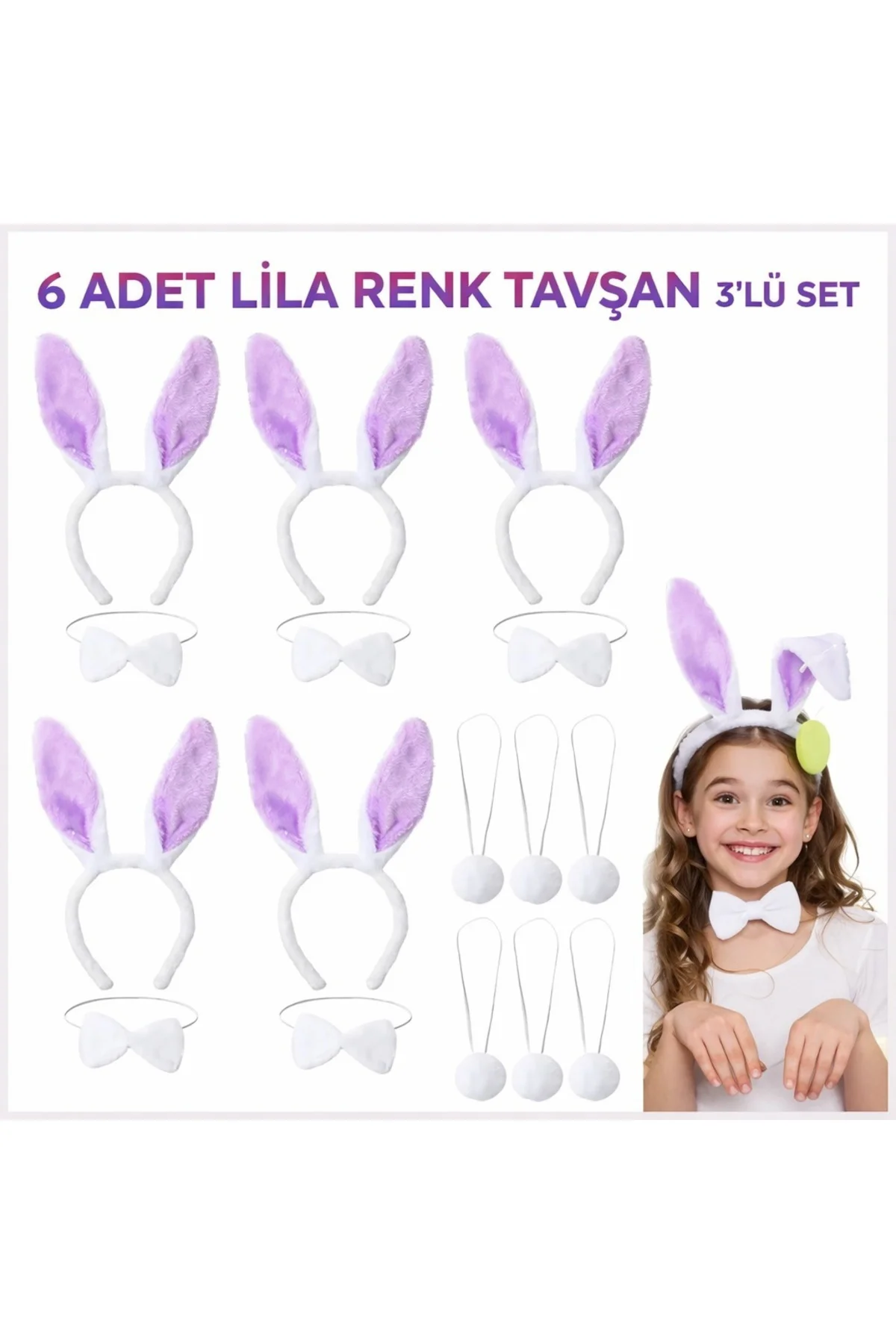 Lila Tavşan Sahne Seti 6&amp;#39;lı Set Taç Papyon Kuyruk