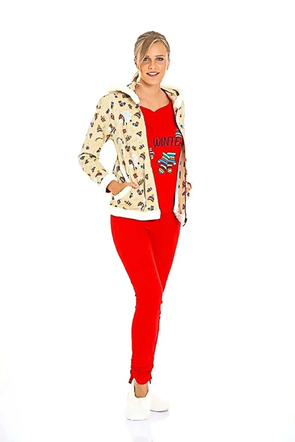 Limissi Kadın 3'lü Set Kışlık Kapüşonlu Pijama Takımı Bej Kırmızı