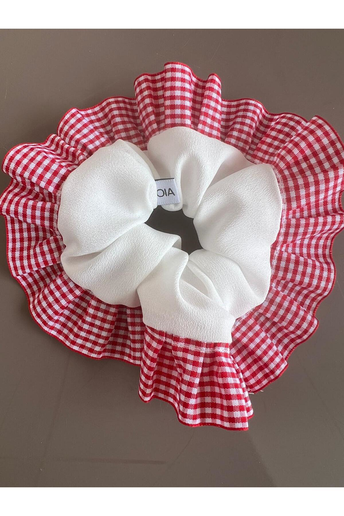Limited Swan Beyaz Kırmızı Pötikare Scrunchie Lastik Toka