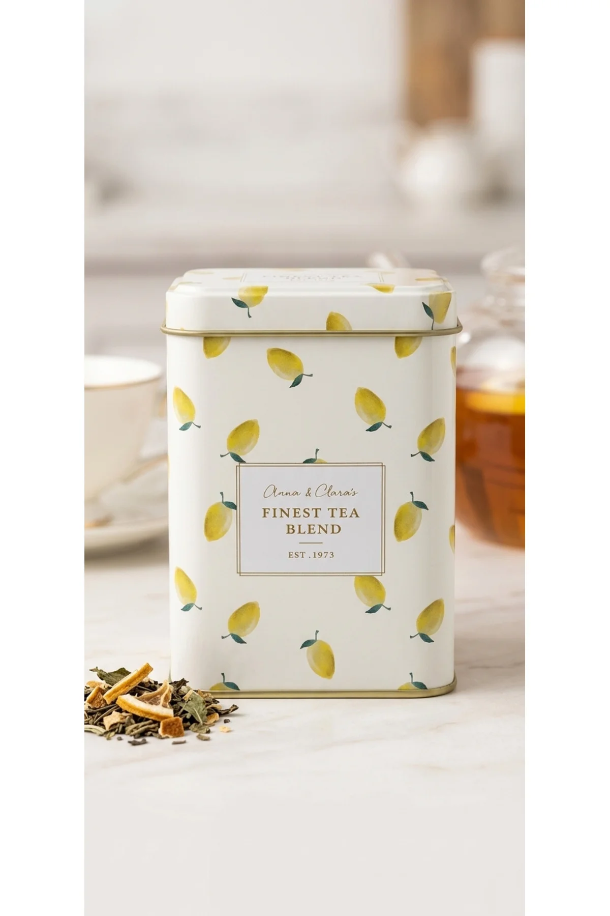 Limon Desenli Bej-Sarı Metal Çay Saklama Kutusu