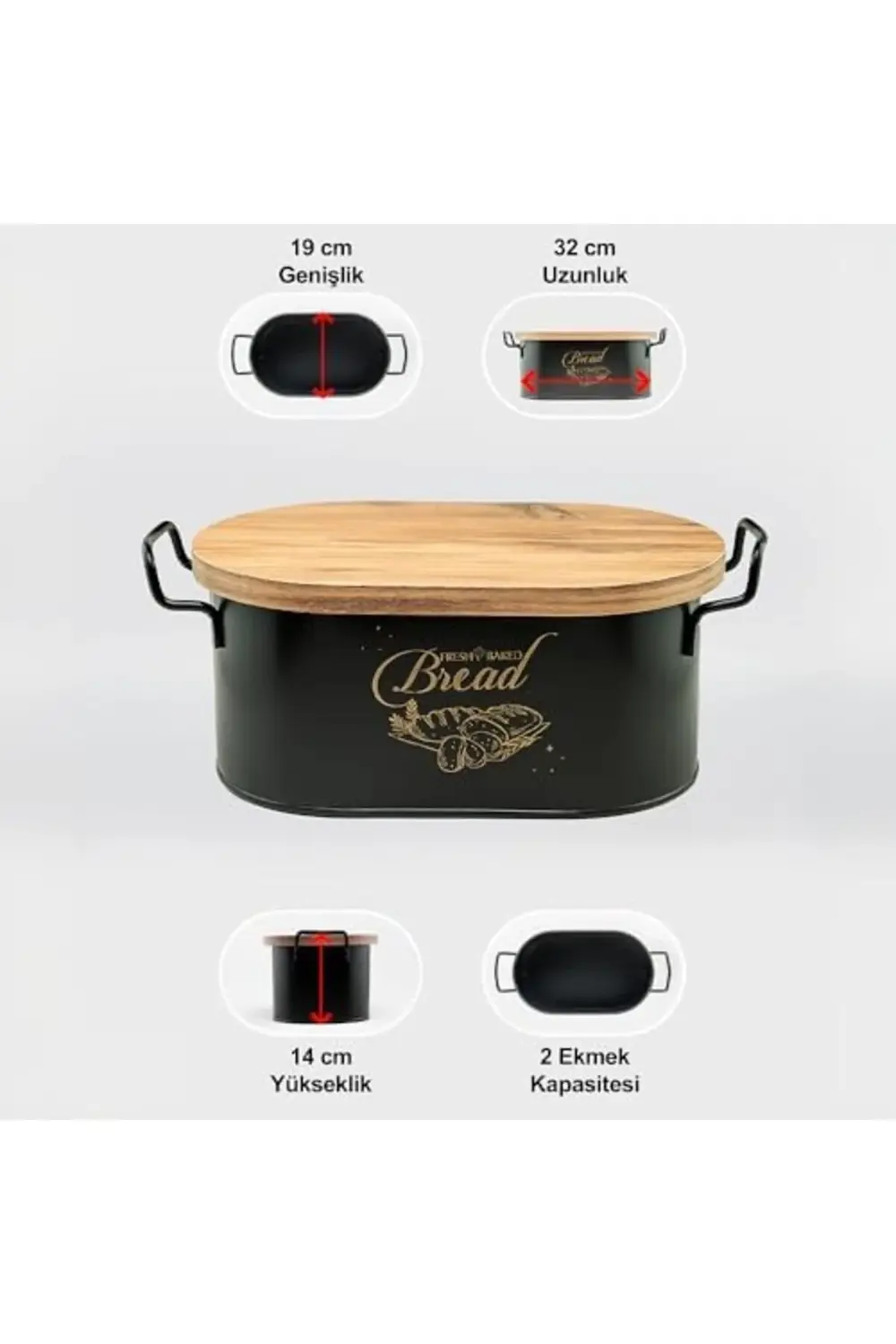 Lin Metal Ahşap Kapaklı Tel Kulplu Metal Ekmeklik (Bread Baskılı)