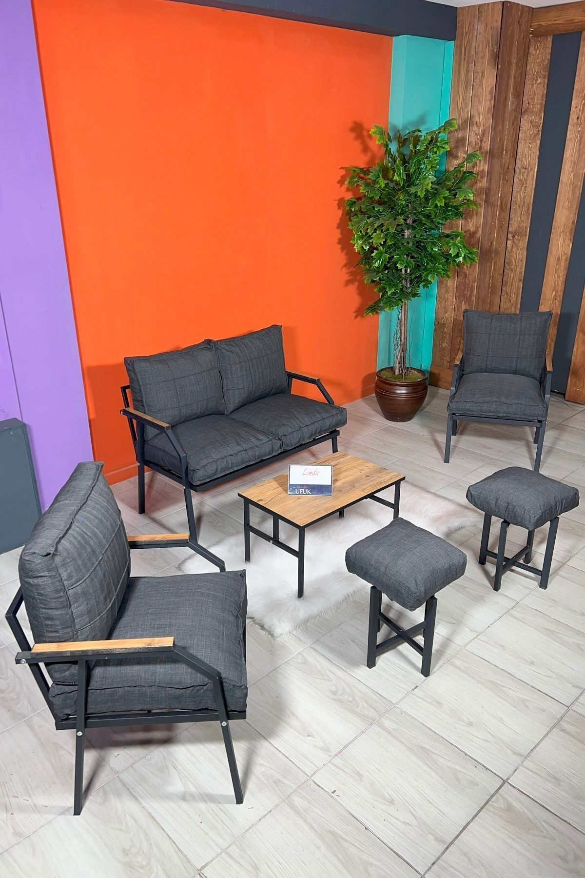 Linda 2-1-1 2 Puf Sehpalı Bahçe Balkon Takımı Bahçe Mutfak Mobily