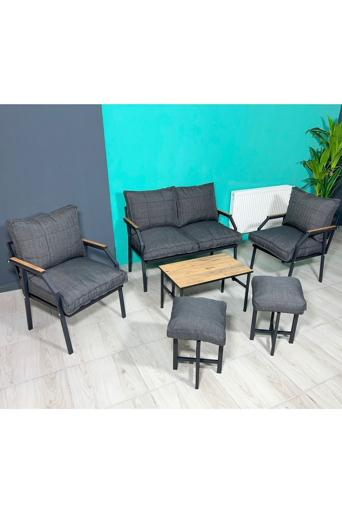 Linda 2-1-1 2 Puf Sehpalı Bahçe Balkon Takımı Bahçe Mutfak Mobily