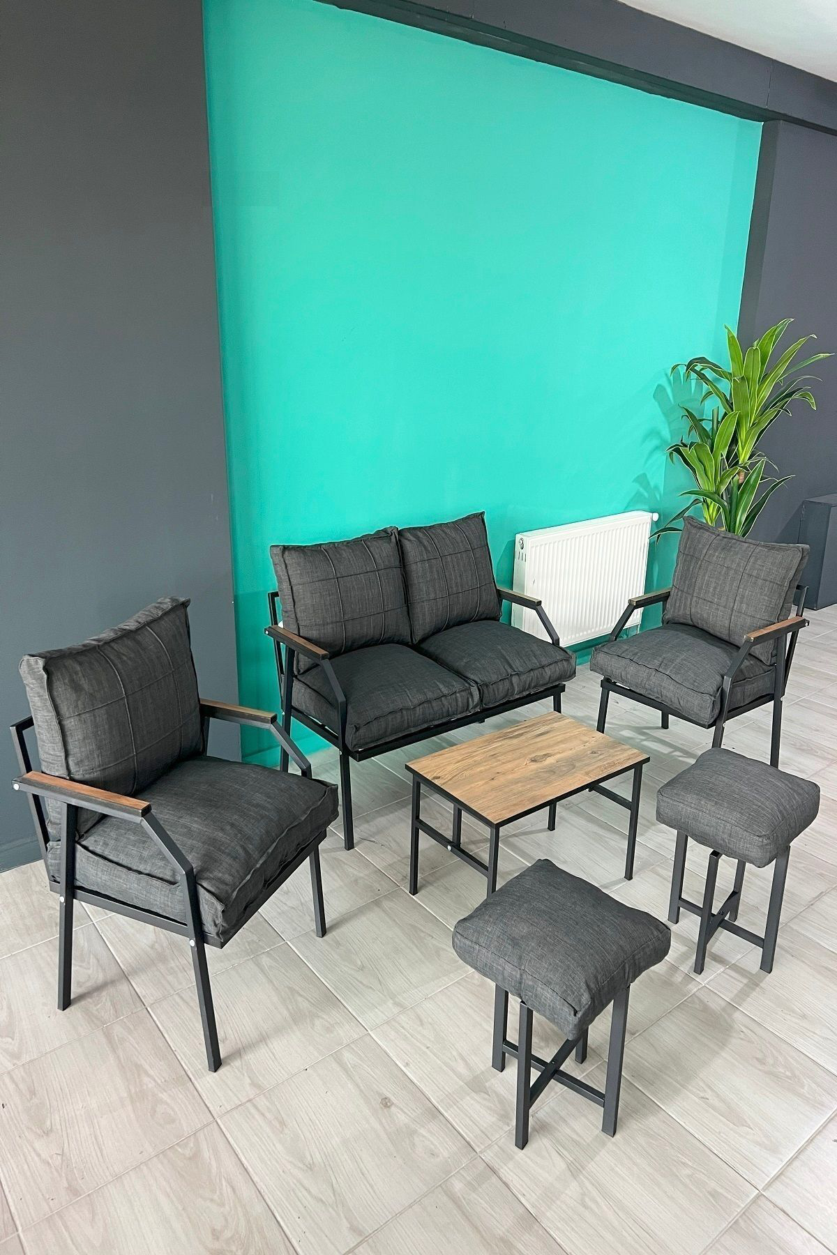 Linda 2-1-1 2 Puf Sehpalı Bahçe Balkon Takımı Bahçe Mutfak Mobily