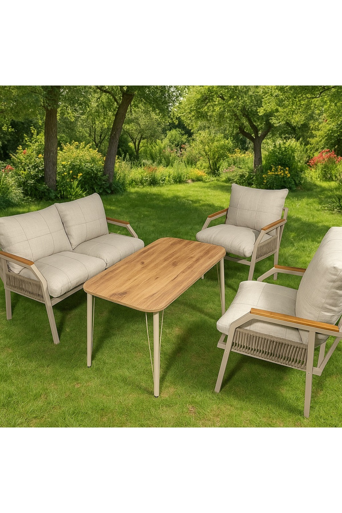 Linda 211 Örgülü Masalı Bej Fermuarlı Bahçe Balkon Takımı, Cafe, 