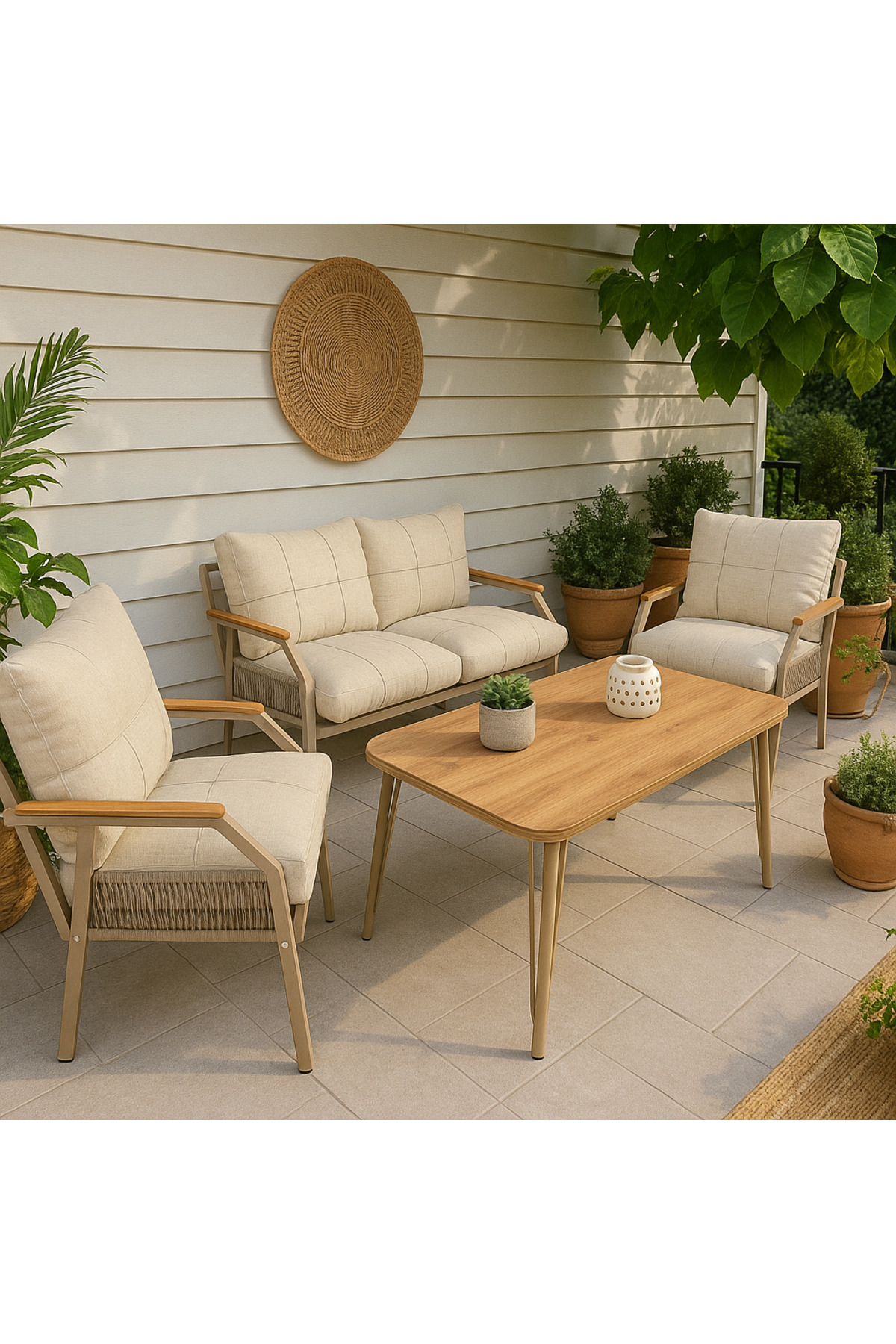 Linda 211 Örgülü Masalı Bej Fermuarlı Bahçe Balkon Takımı, Cafe, 