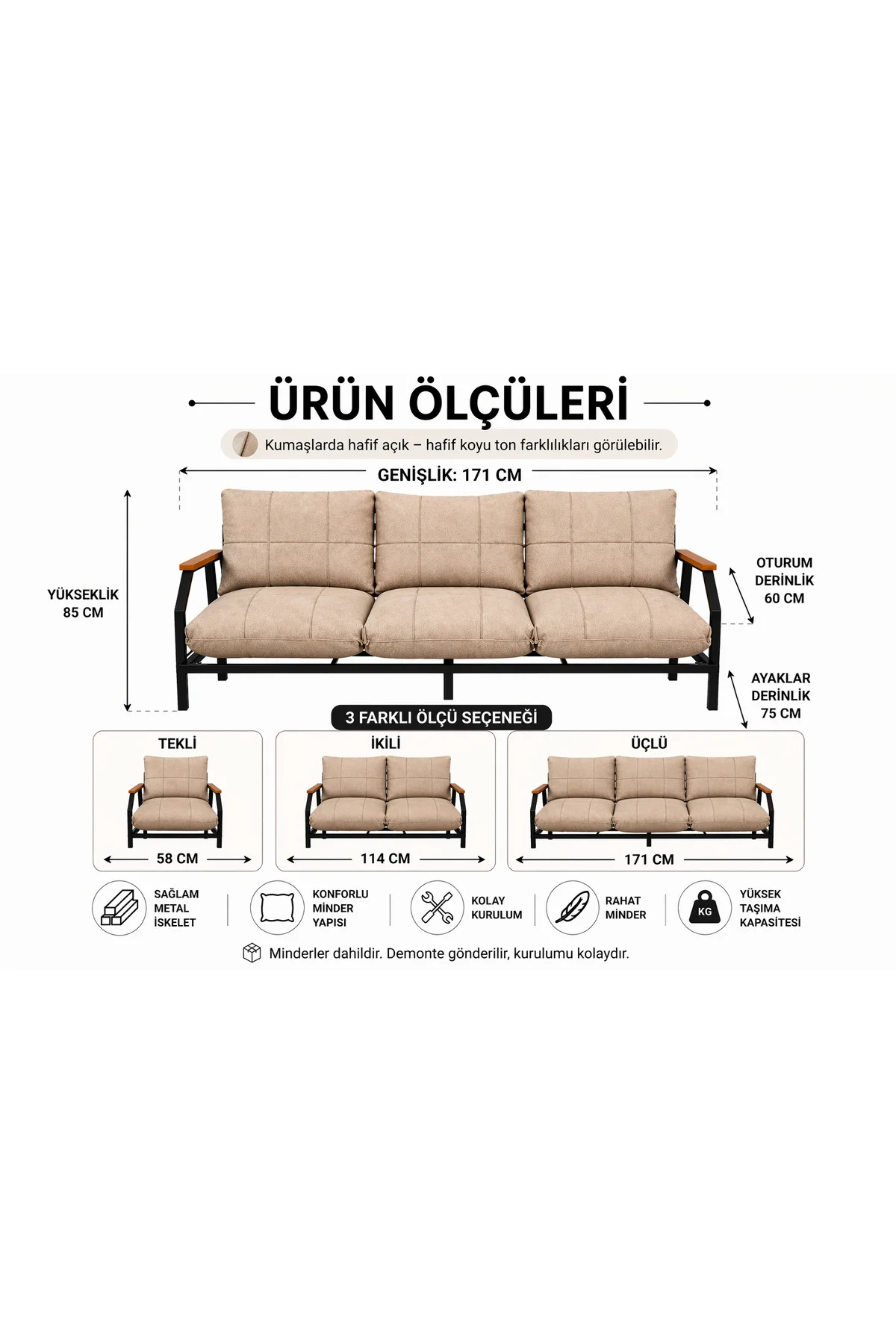Linda 3’lü Koltuk Kahverengi – Metal İskeletli Ahşap Kolçaklı Min