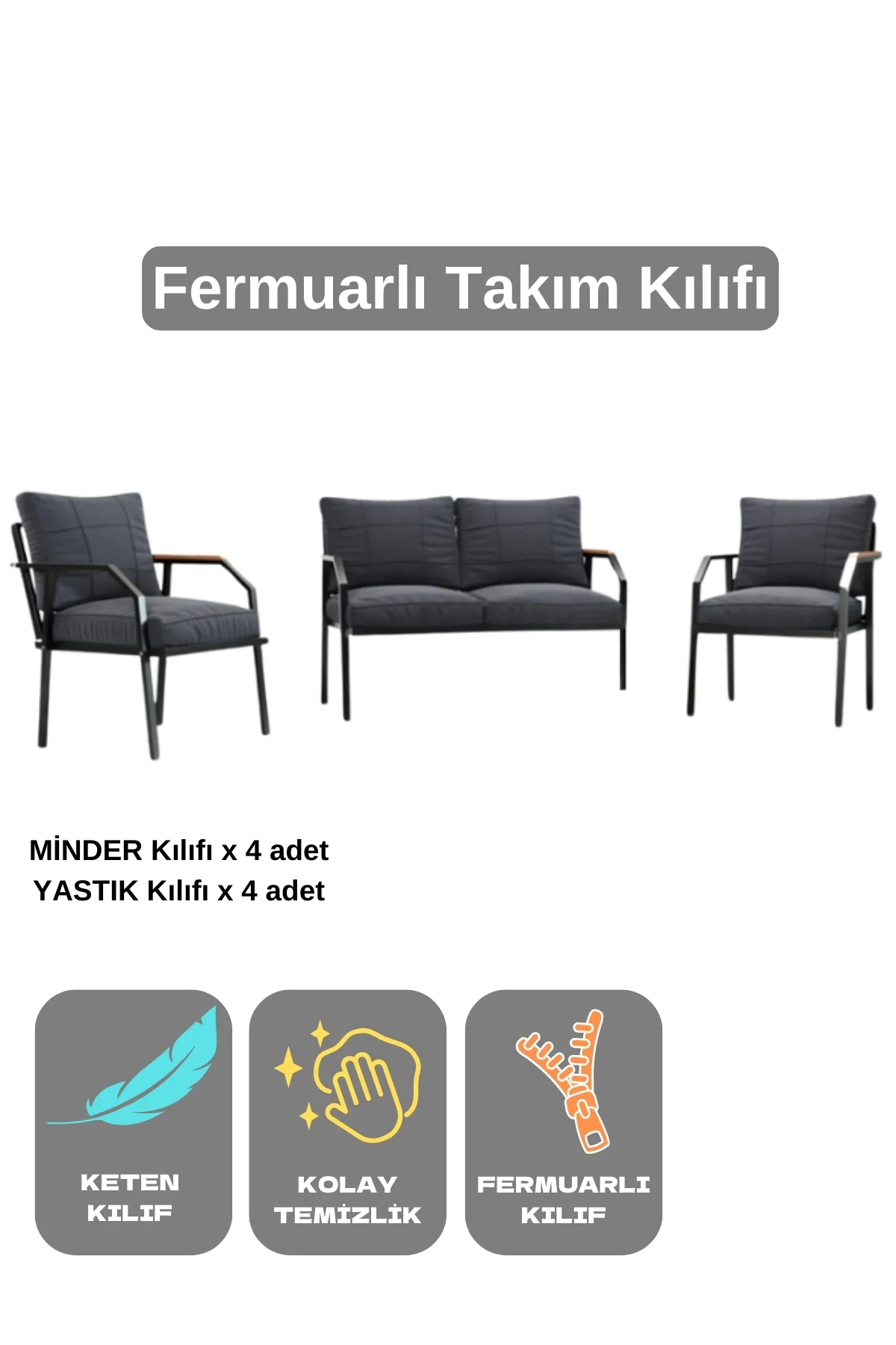 Linda 4 Yastık 4 Minder Kılıfı,Bahçe Mobilya Yastık Minder Kılıfı