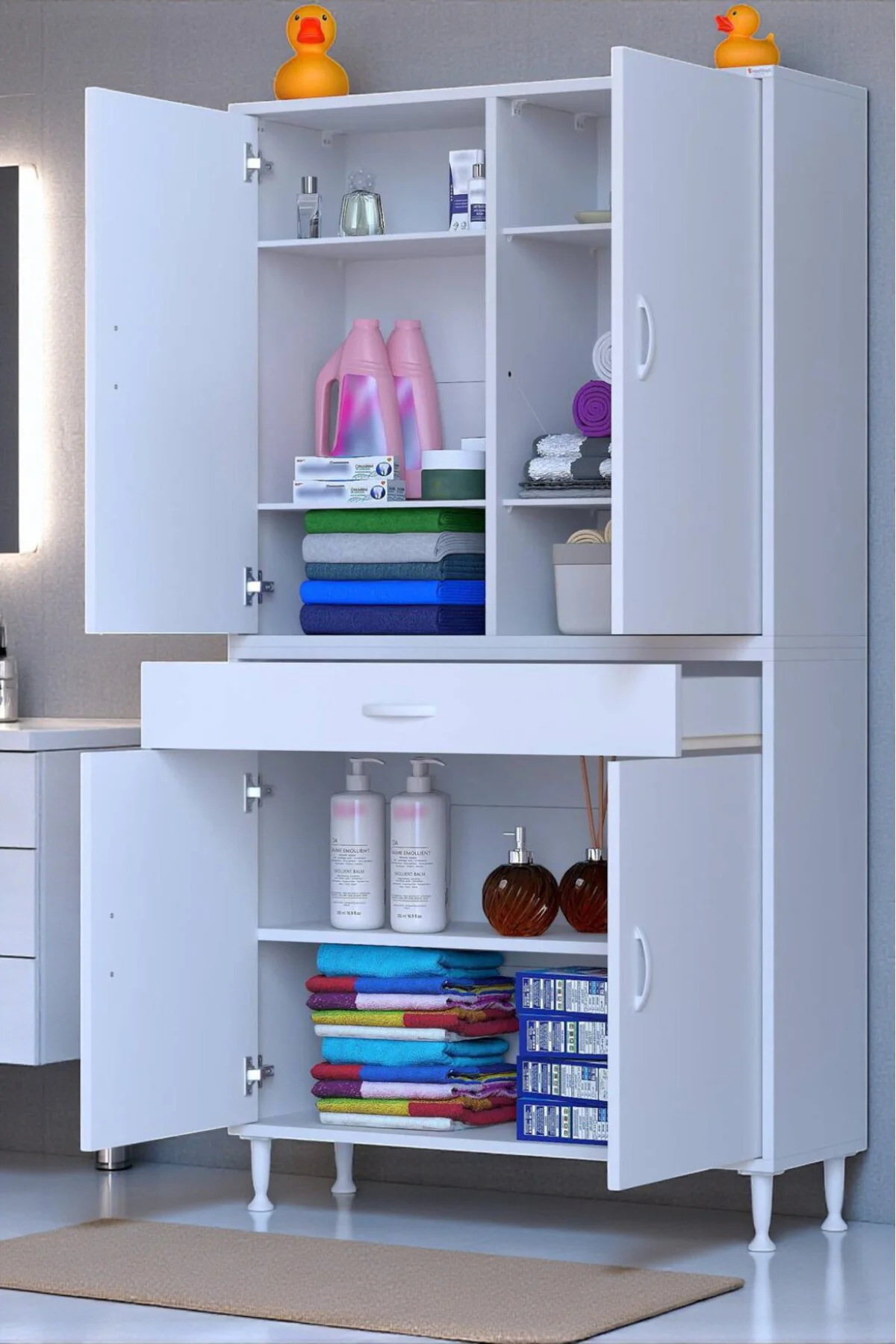 Line Beyaz 100 cm Banyo Dolabı Çok Bölmeli Banyo Düzenleyici Dola
