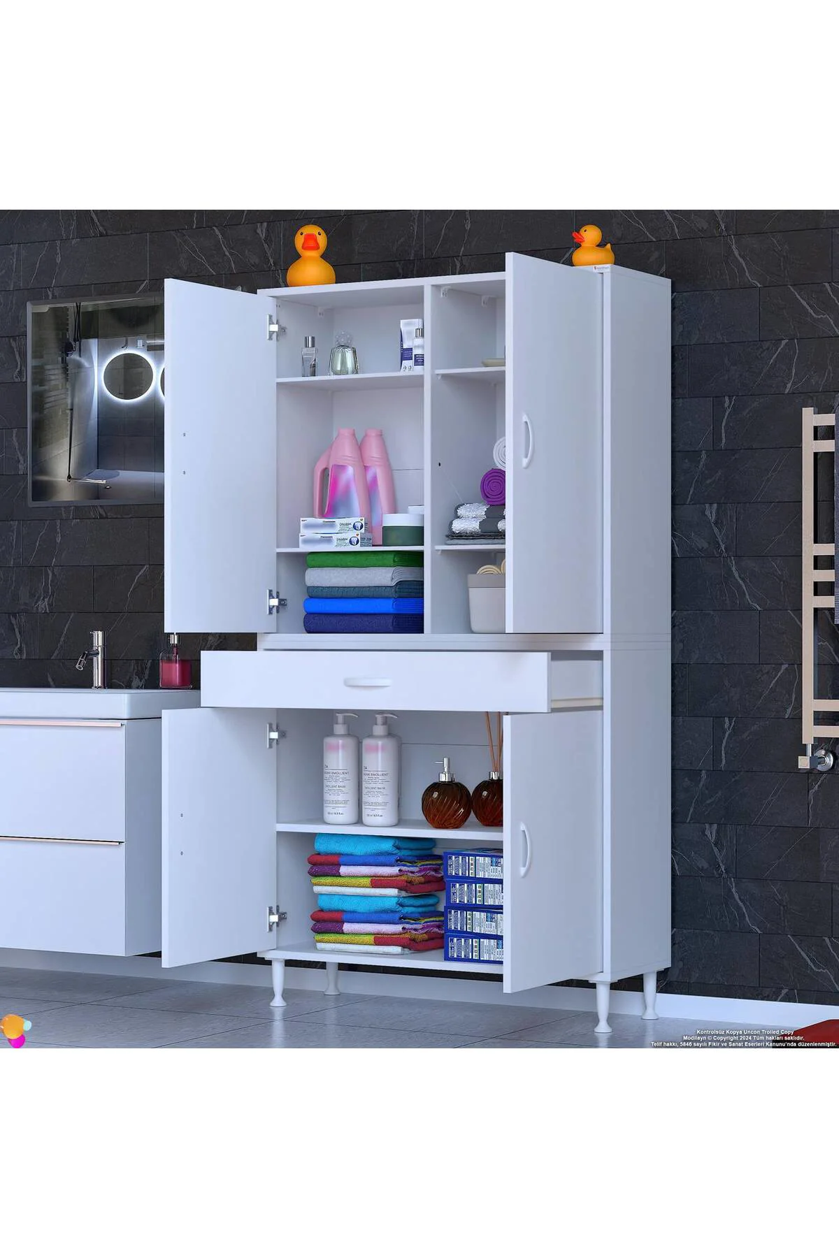 Line Beyaz 100 cm Banyo Dolabı Çok Bölmeli Banyo Düzenleyici Dola