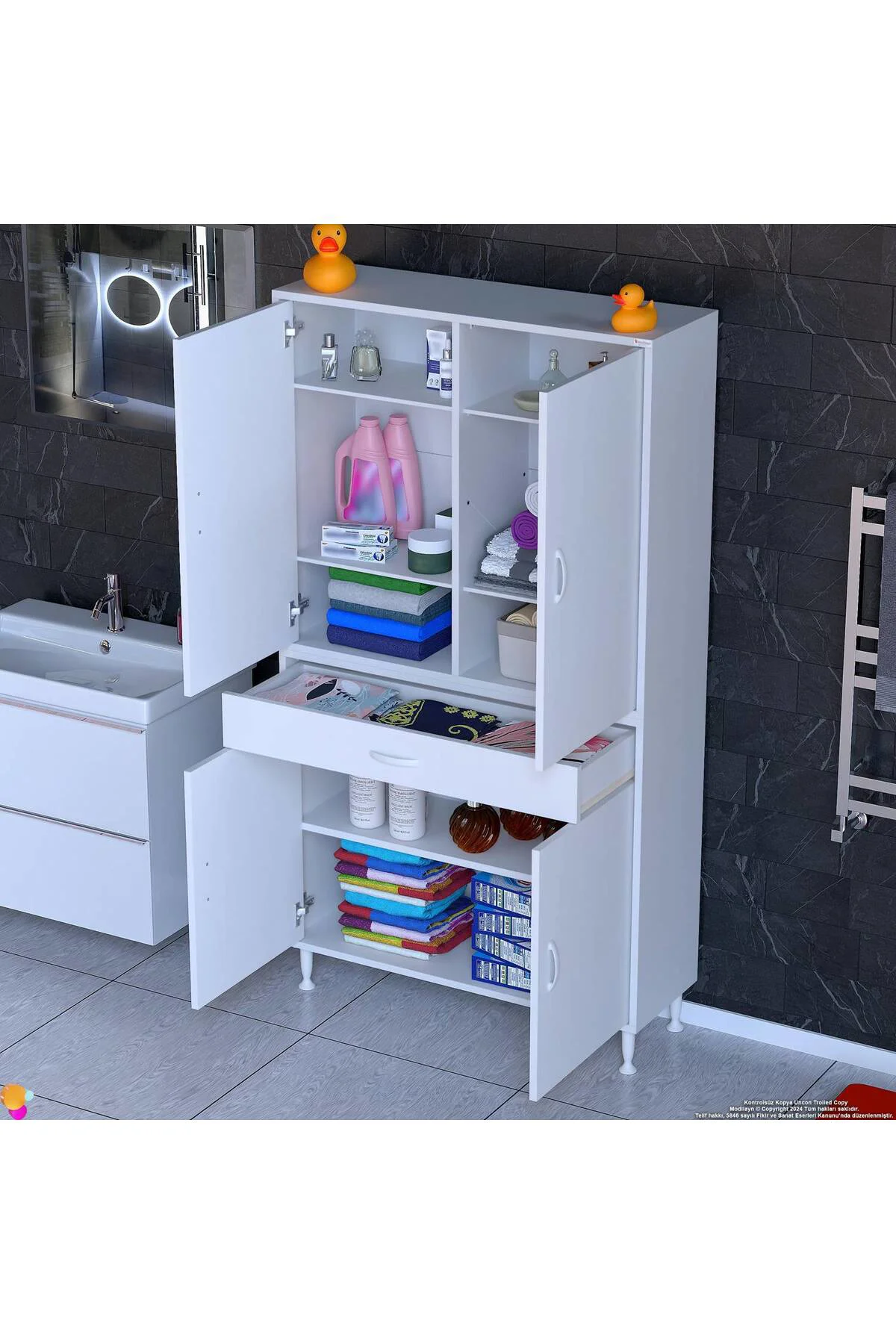Line Beyaz 100 cm Banyo Dolabı Çok Bölmeli Banyo Düzenleyici Dola