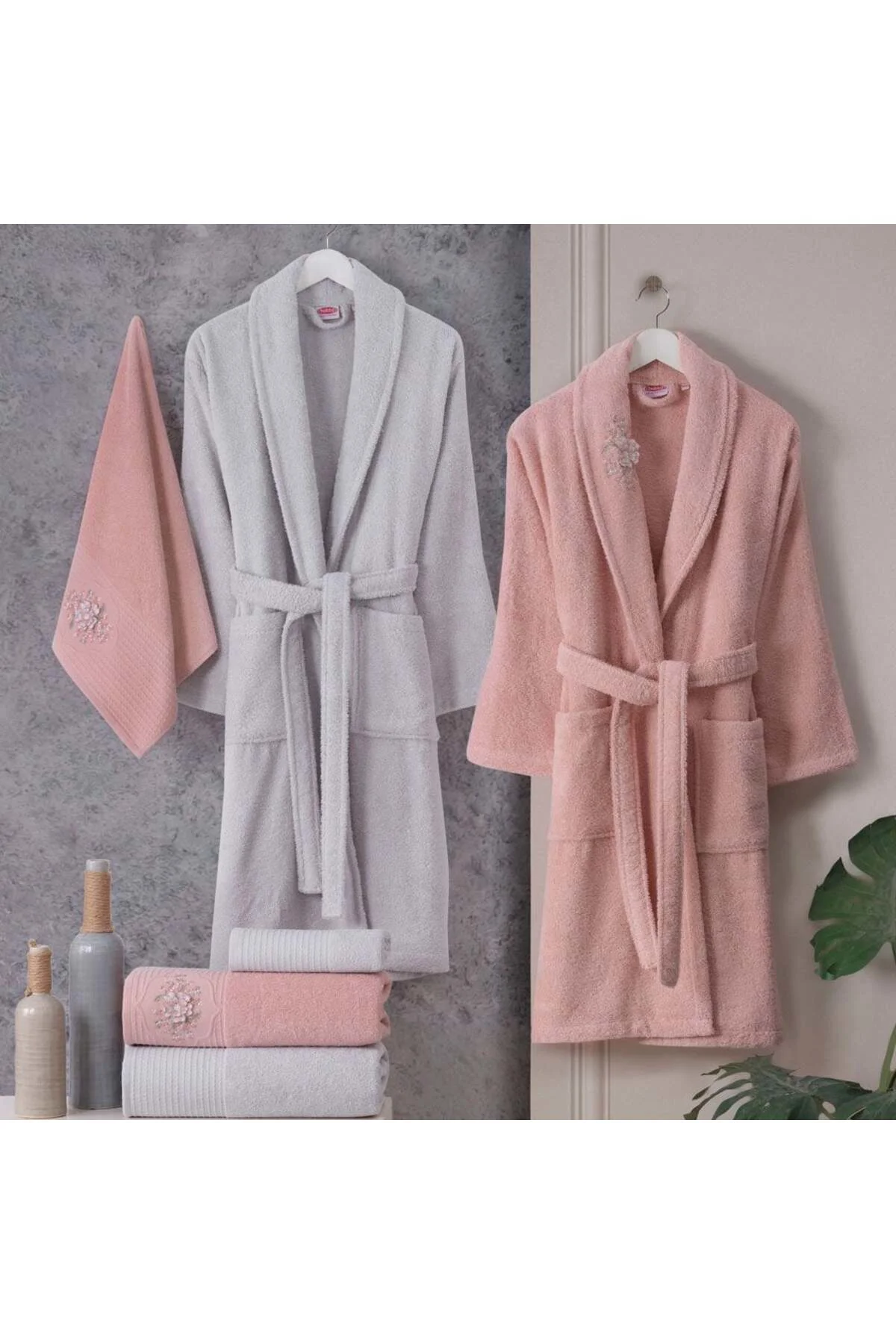 Line - Pamuklu Bornoz Seti - Pembe Gri
