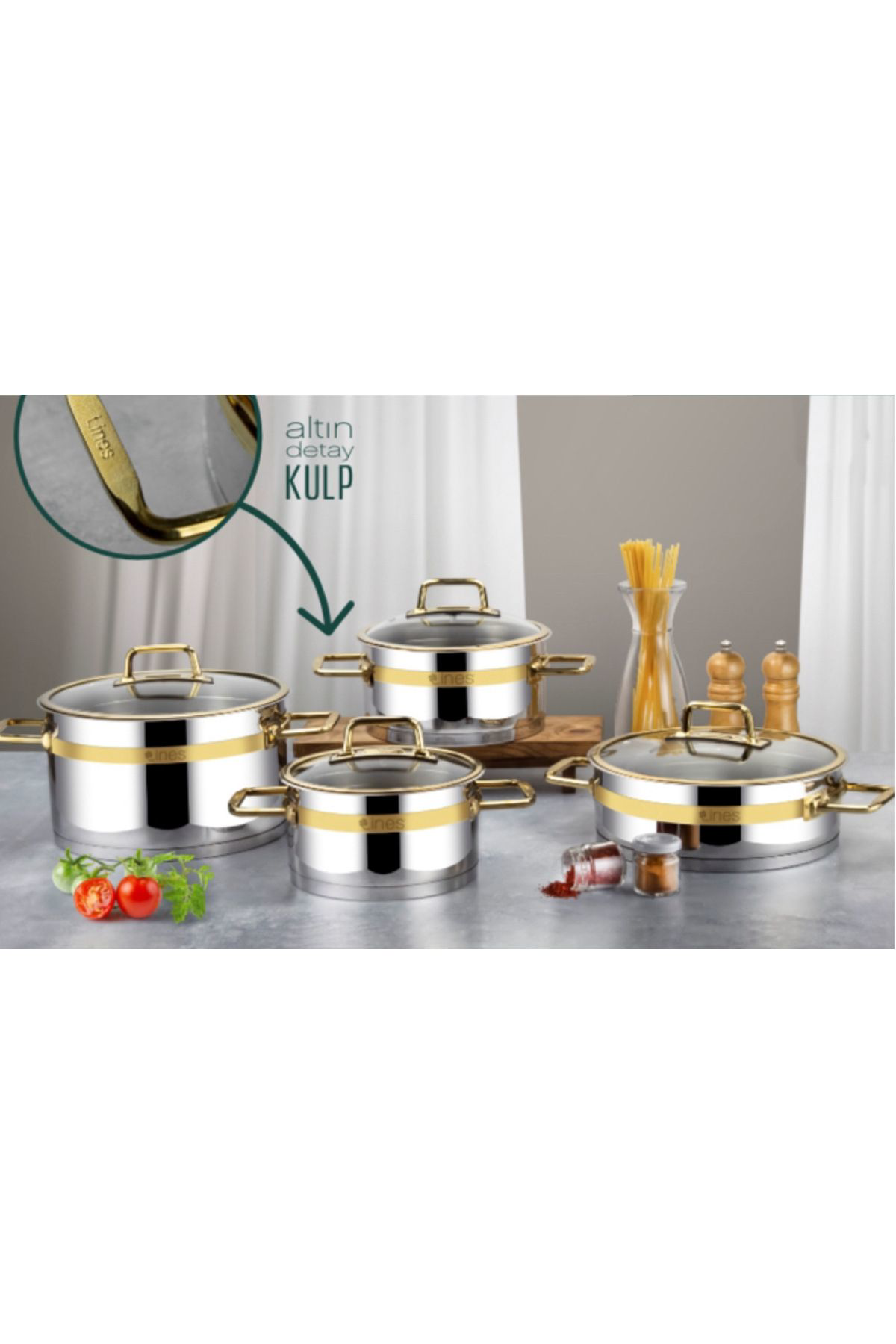 Kekikdükkan Lines Silver Altinkemer 8 Parça Tencere Seti