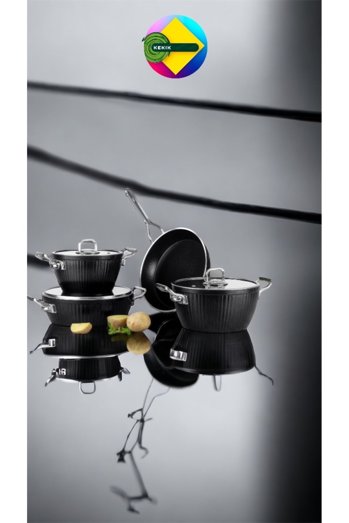 Lines/Ayseren 7 Parça Granit Tencere Seti Metal Kulp