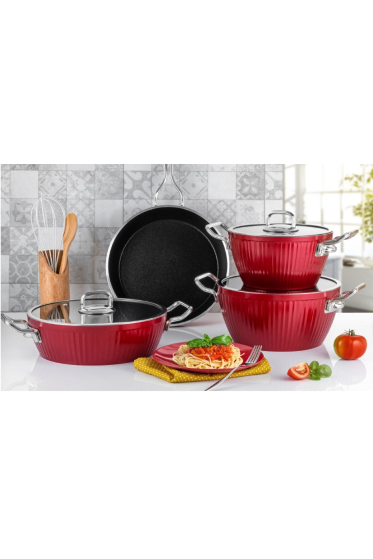 Lines/Ayseren 7 Parça Granit Tencere Seti Metal Kulp