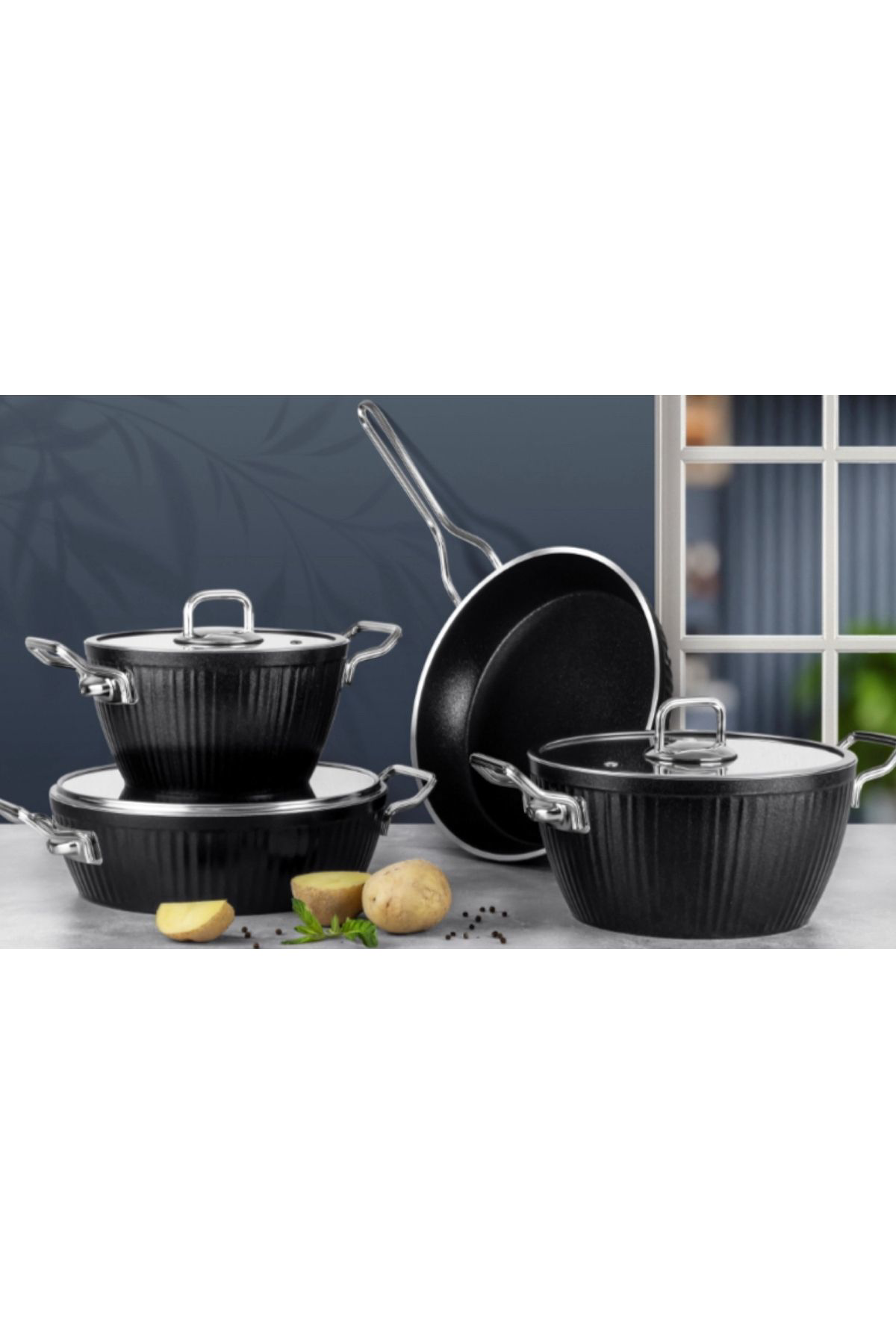 Lines/Ayseren 7 Parça Granit Tencere Seti Metal Kulp