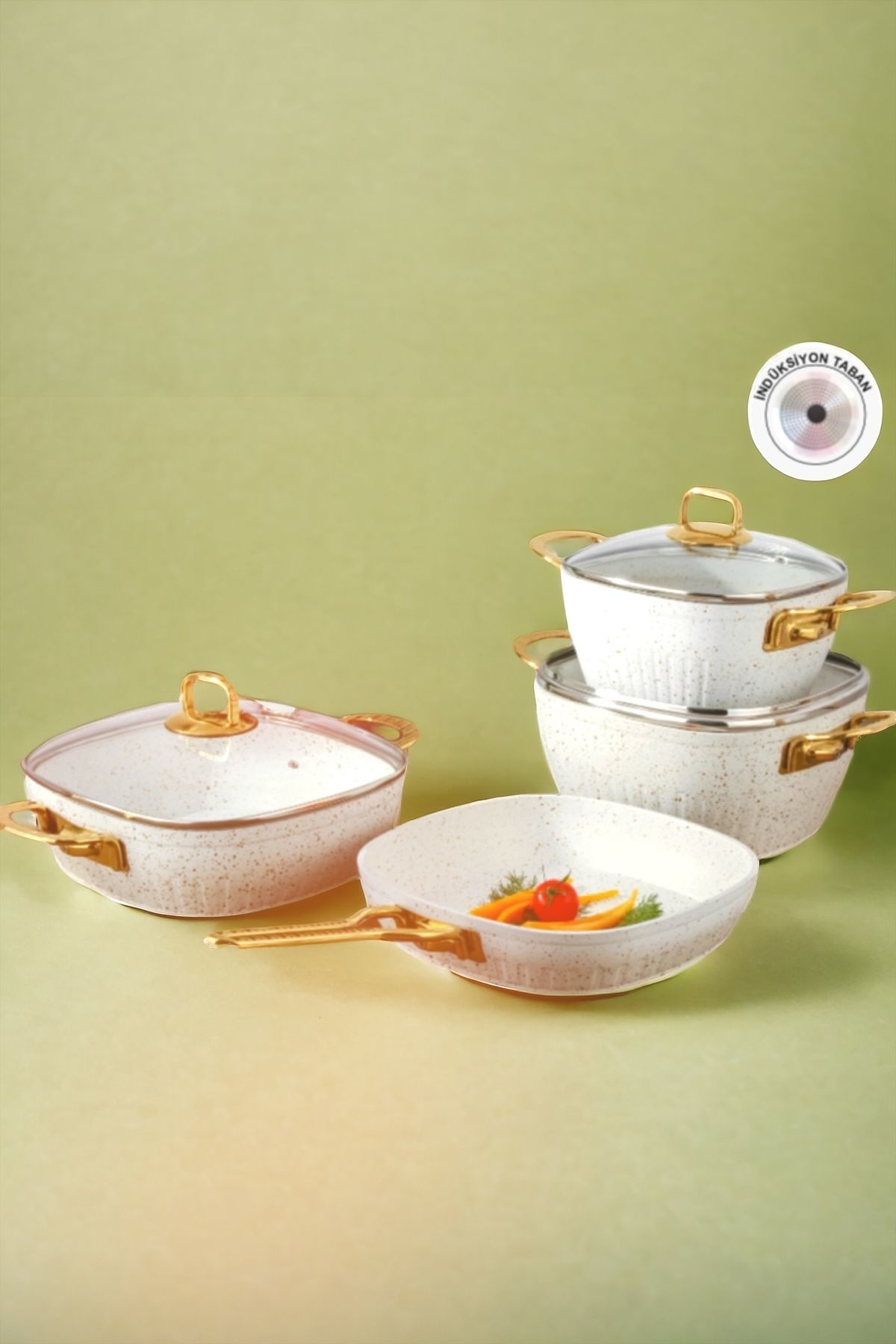 Lines/Defne 7 Parça Kare Granit Tencere Seti Altın(Gold) Kulp