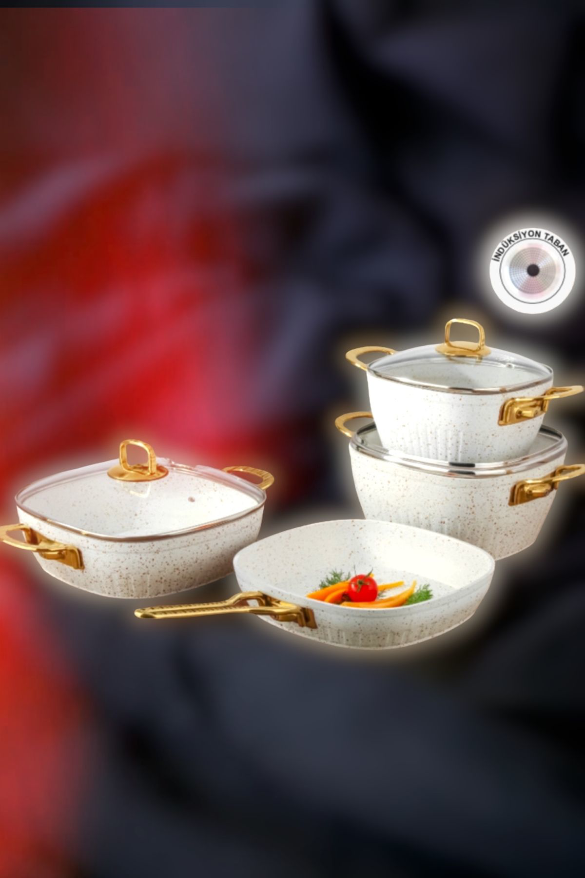 Lines/Defne 7 Parça Kare Granit Tencere Seti Altın(Gold) Kulp