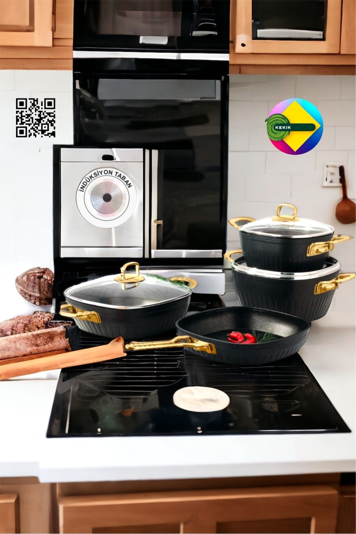 Lines/Defne 7 Parça Kare Granit Tencere Seti Altın(Gold) Kulp