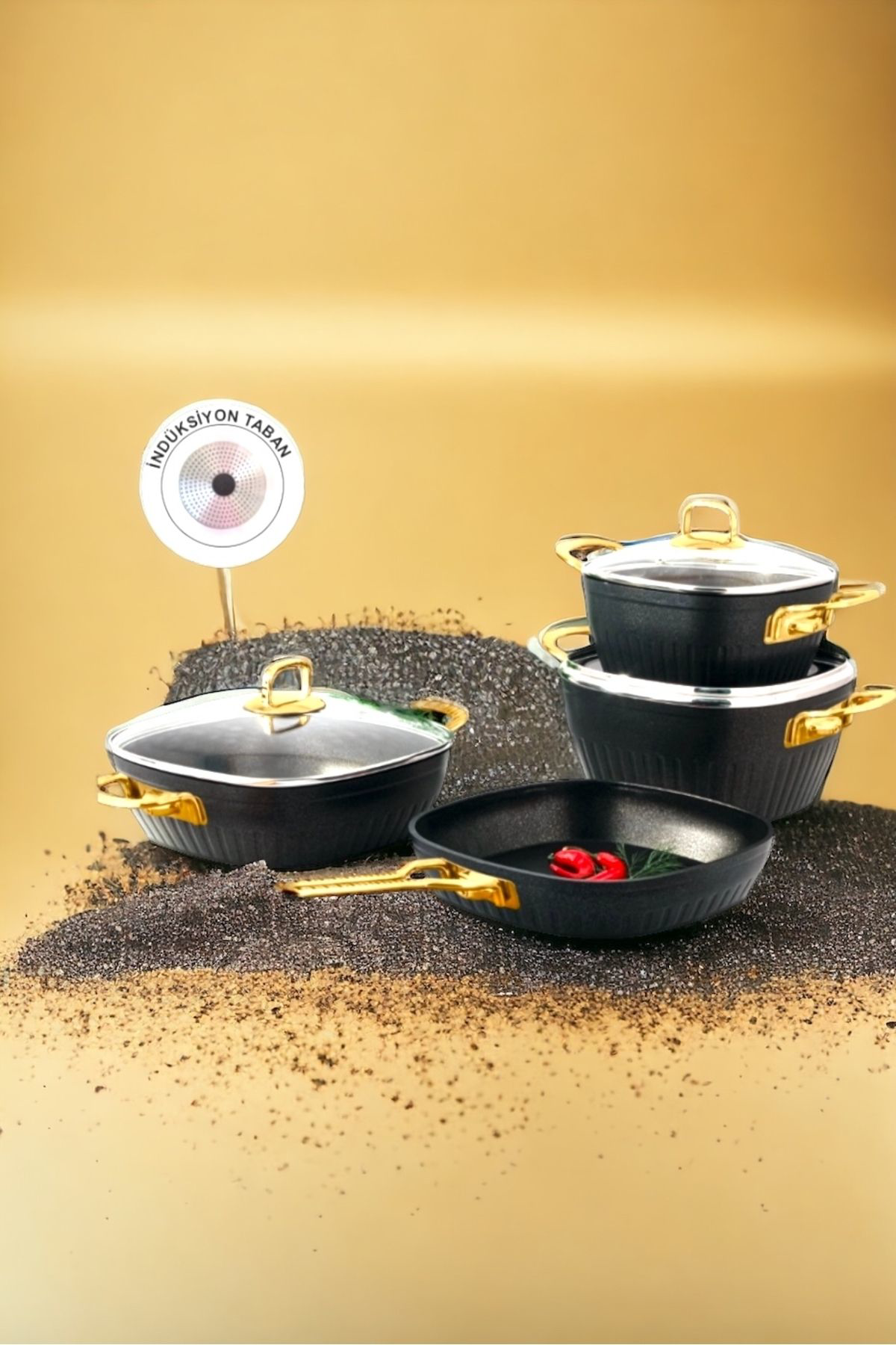 Lines/Defne 7 Parça Kare Granit Tencere Seti Altın(Gold) Kulp
