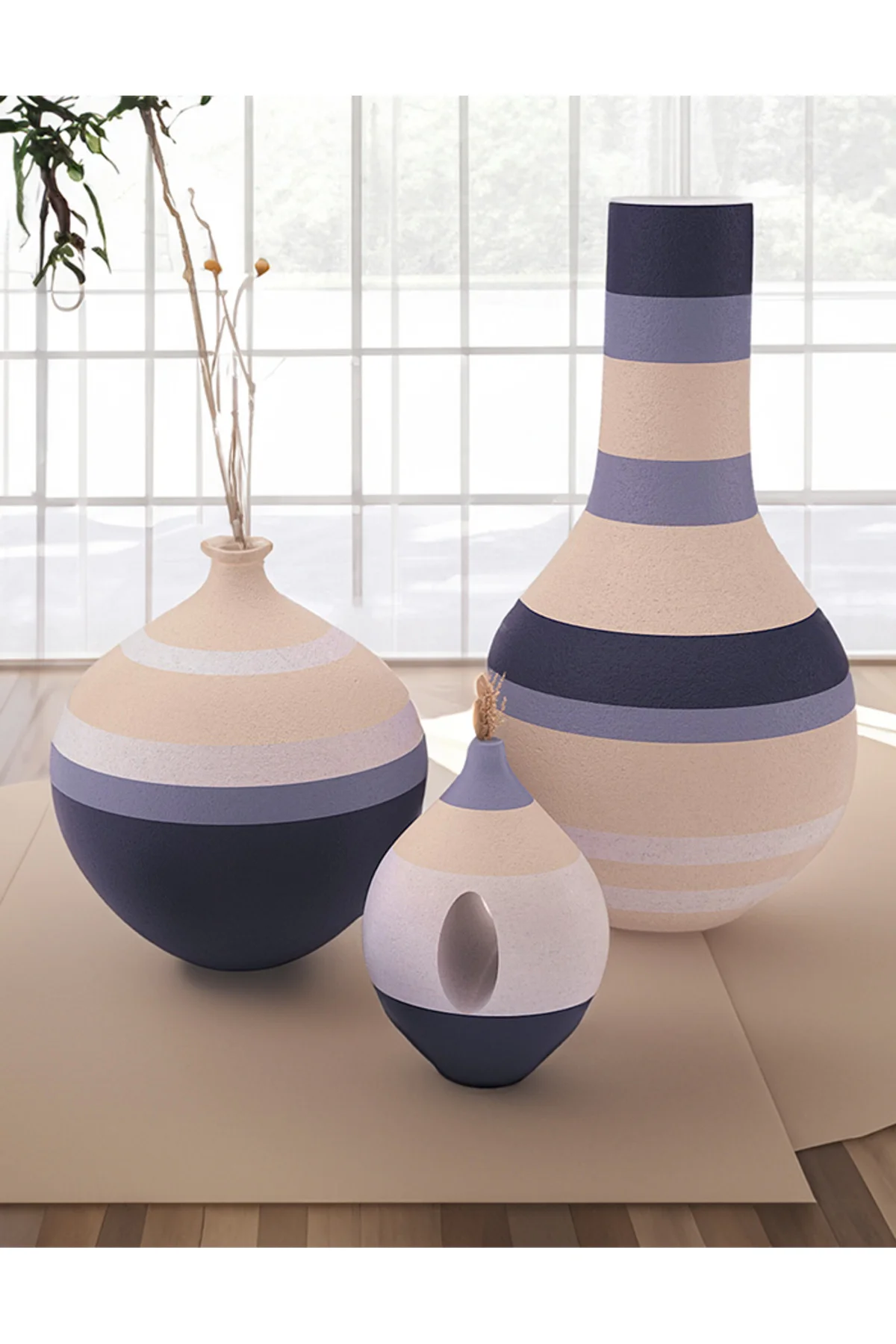 Linha Modern Çizgili Vazo Büyük Boy 25 CM Dekoratif Sert Plastik Çizgili Vazo 3'lü Set