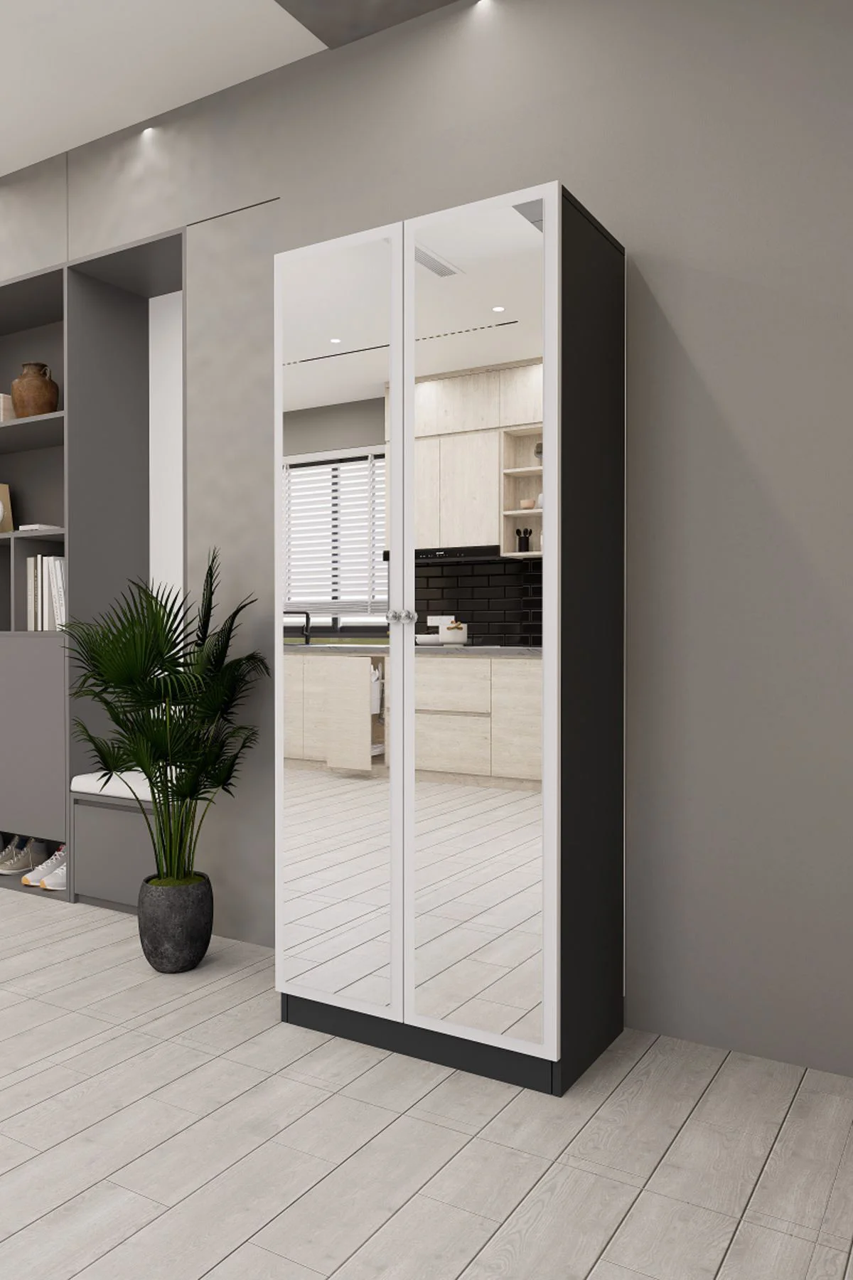 Lisa Boy Aynalı Çok Amaçlı Dolap Ayakkabılık Antrasit