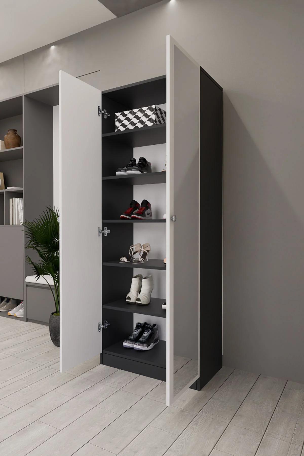 Lisa Boy Aynalı Çok Amaçlı Dolap Ayakkabılık Antrasit