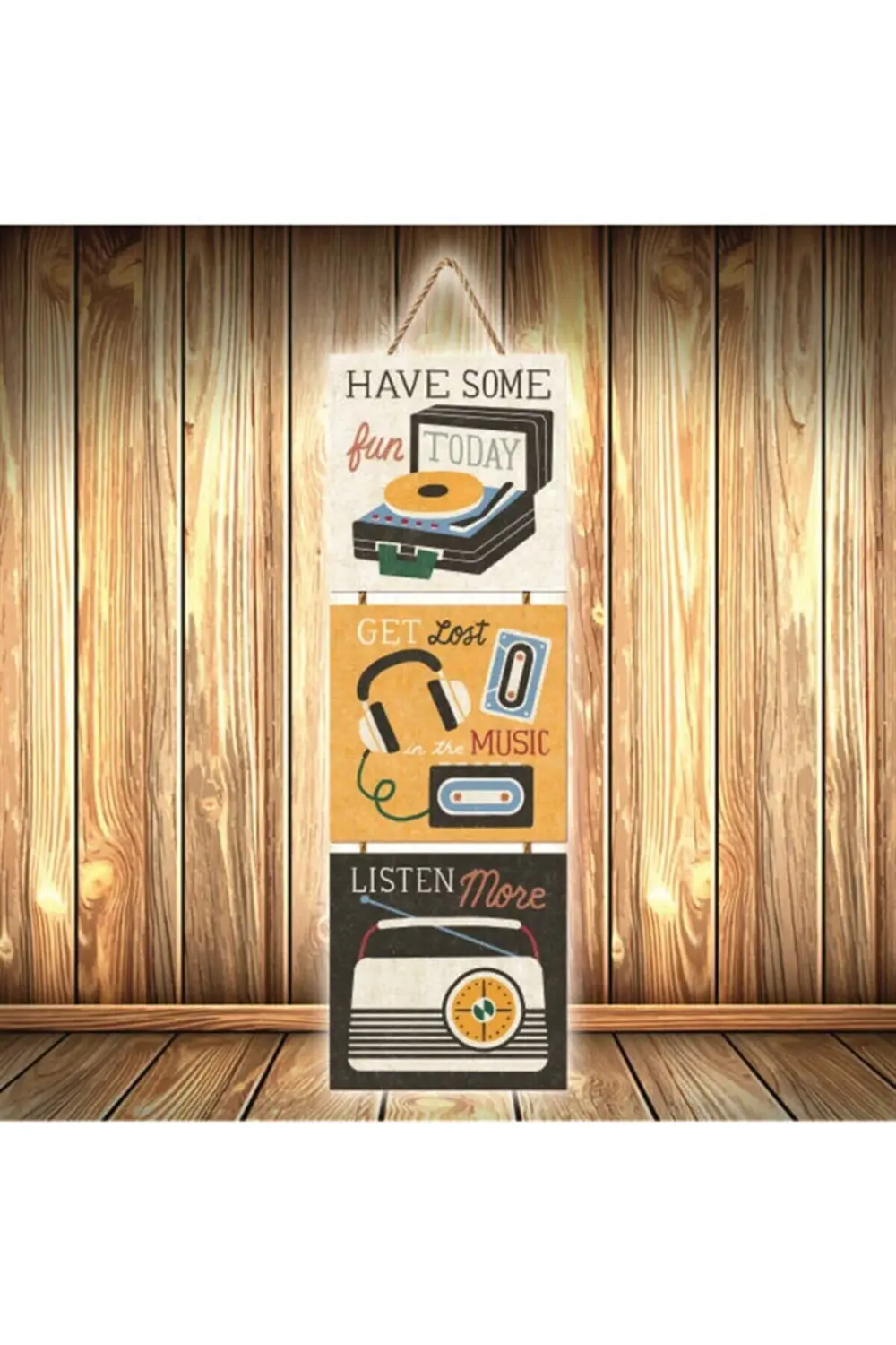 Listen Music Tasarımlı Üçlü Retro Ahşap Poster Ü398