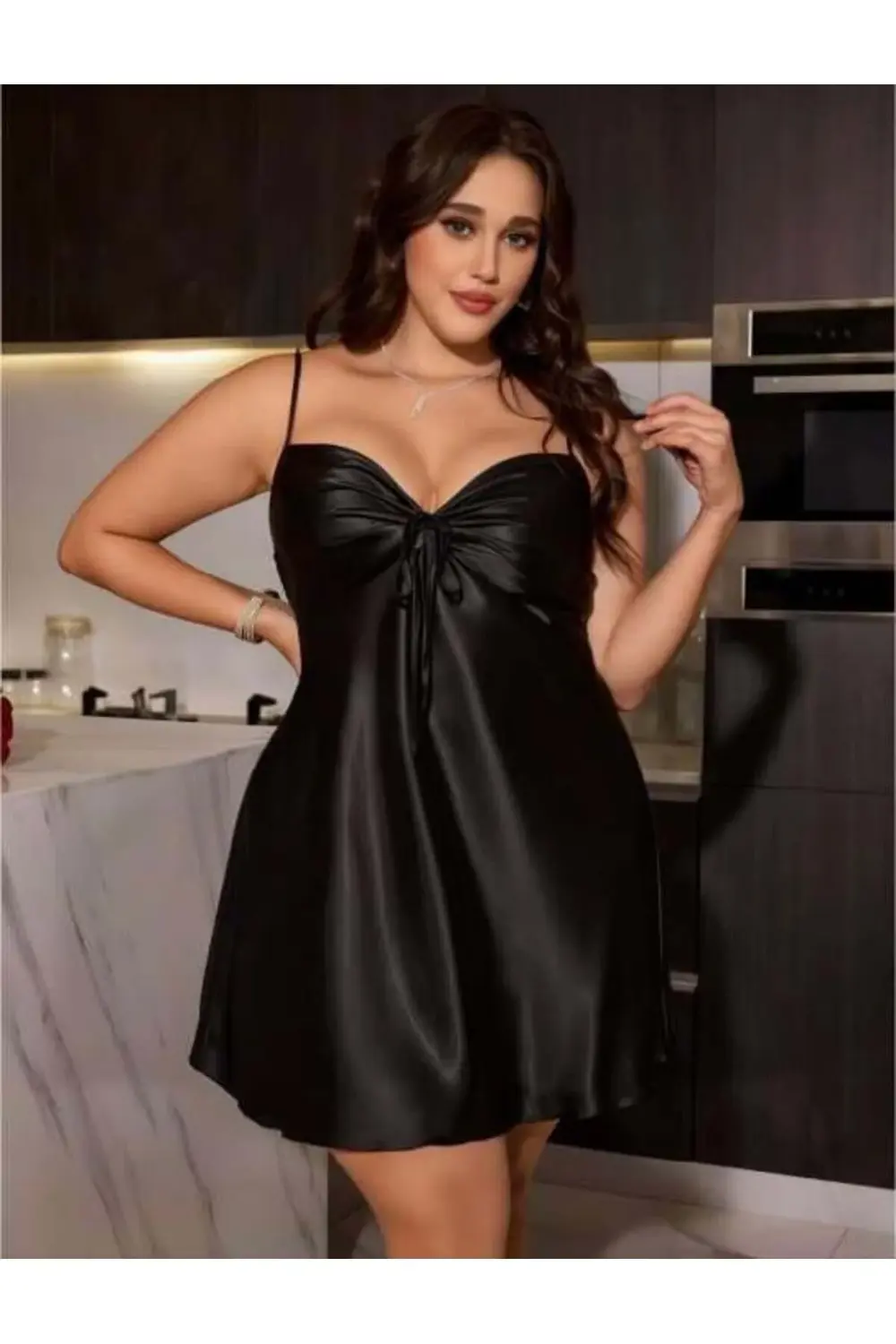 Litae Büyük Beden Sİyah Saten Gecelik