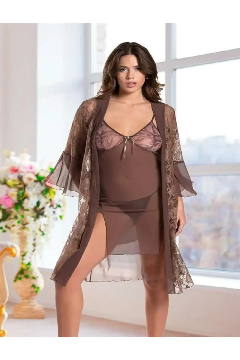 Litae Haki Transparan Dantel İşlemeli Tül Yırtmaçlı 2li Gecelik T