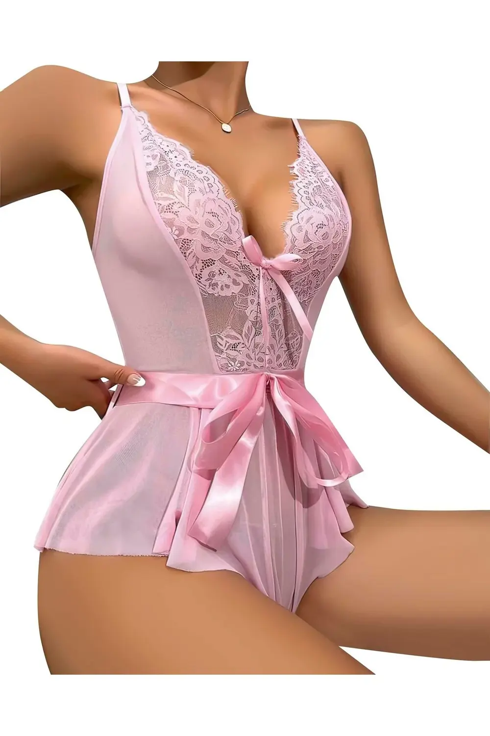 Litae Pembe Dantel İşlemeli Kurdelalı Fantezi Tül Babydoll