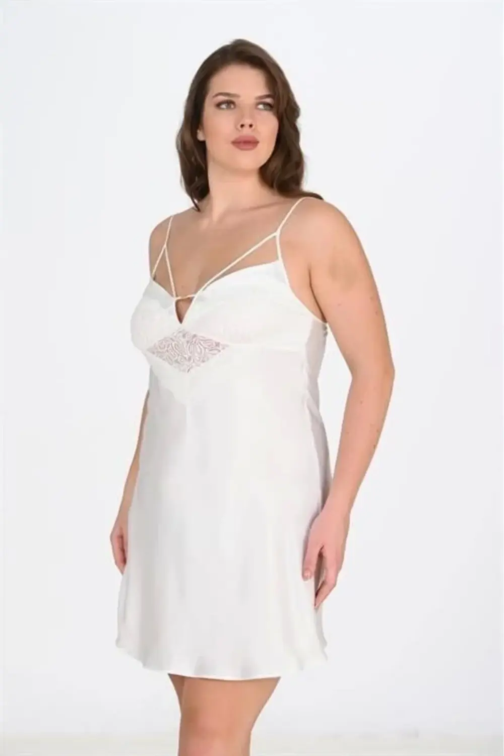 Litae Premium Büyük Beden Saten Dantel İşlemeli Ekru Gecelik Bigs