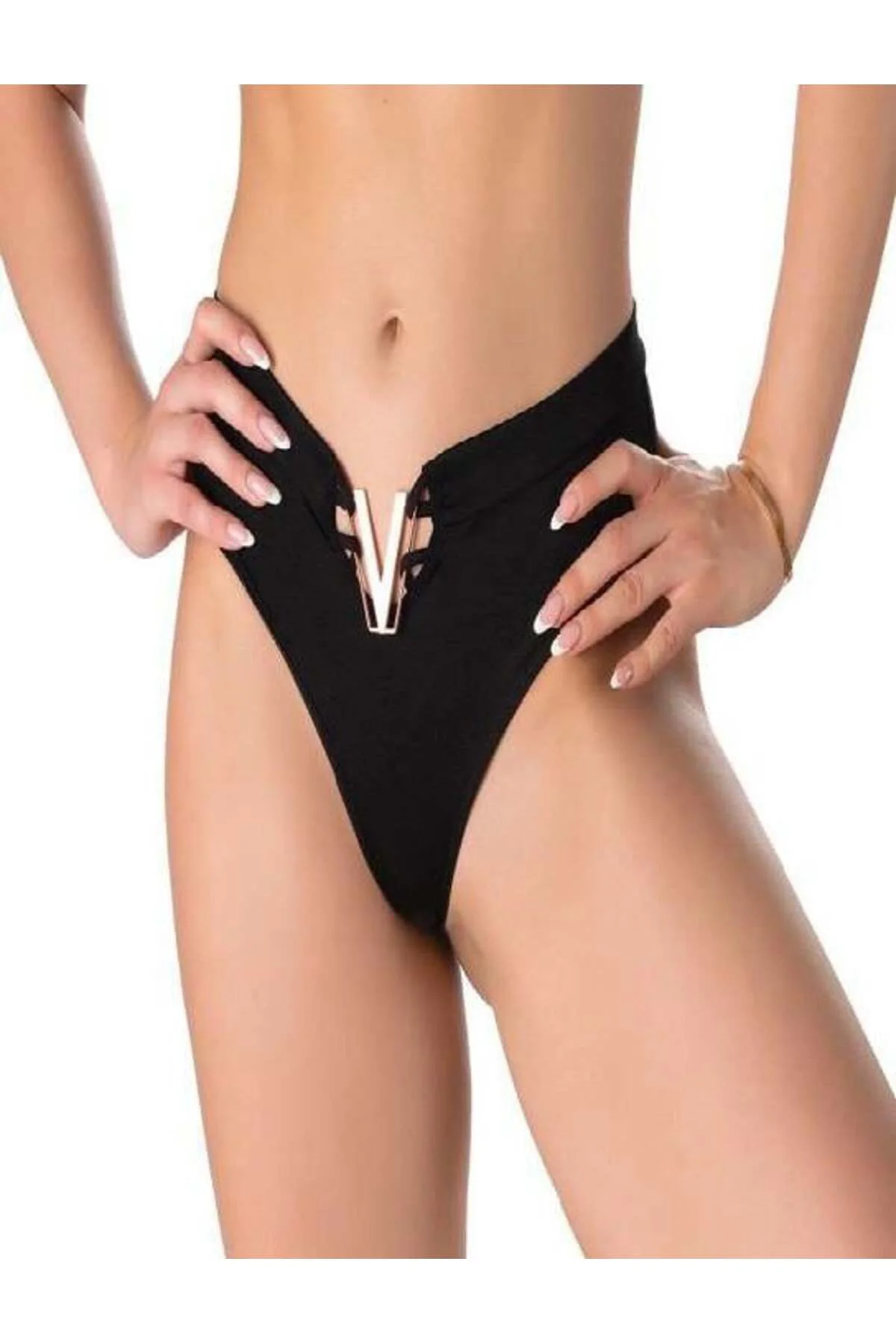 Litae V Metal Aksesuarlı Fantezi Siyah String Tanga