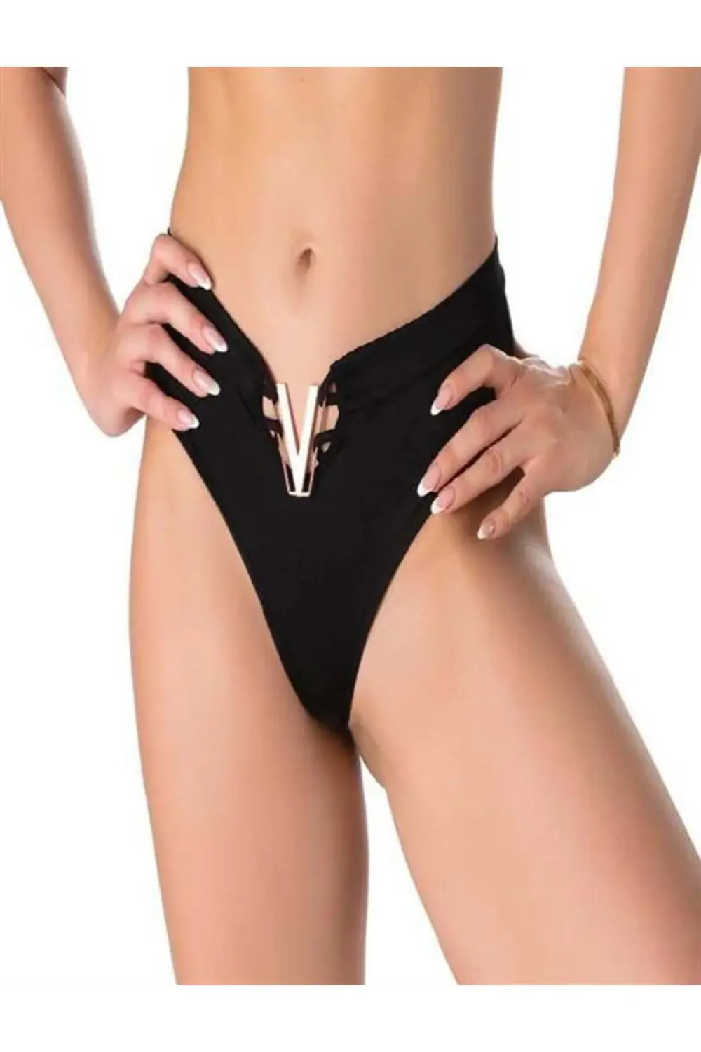 Litae V Metal Aksesuarlı Fantezi Siyah String Tanga