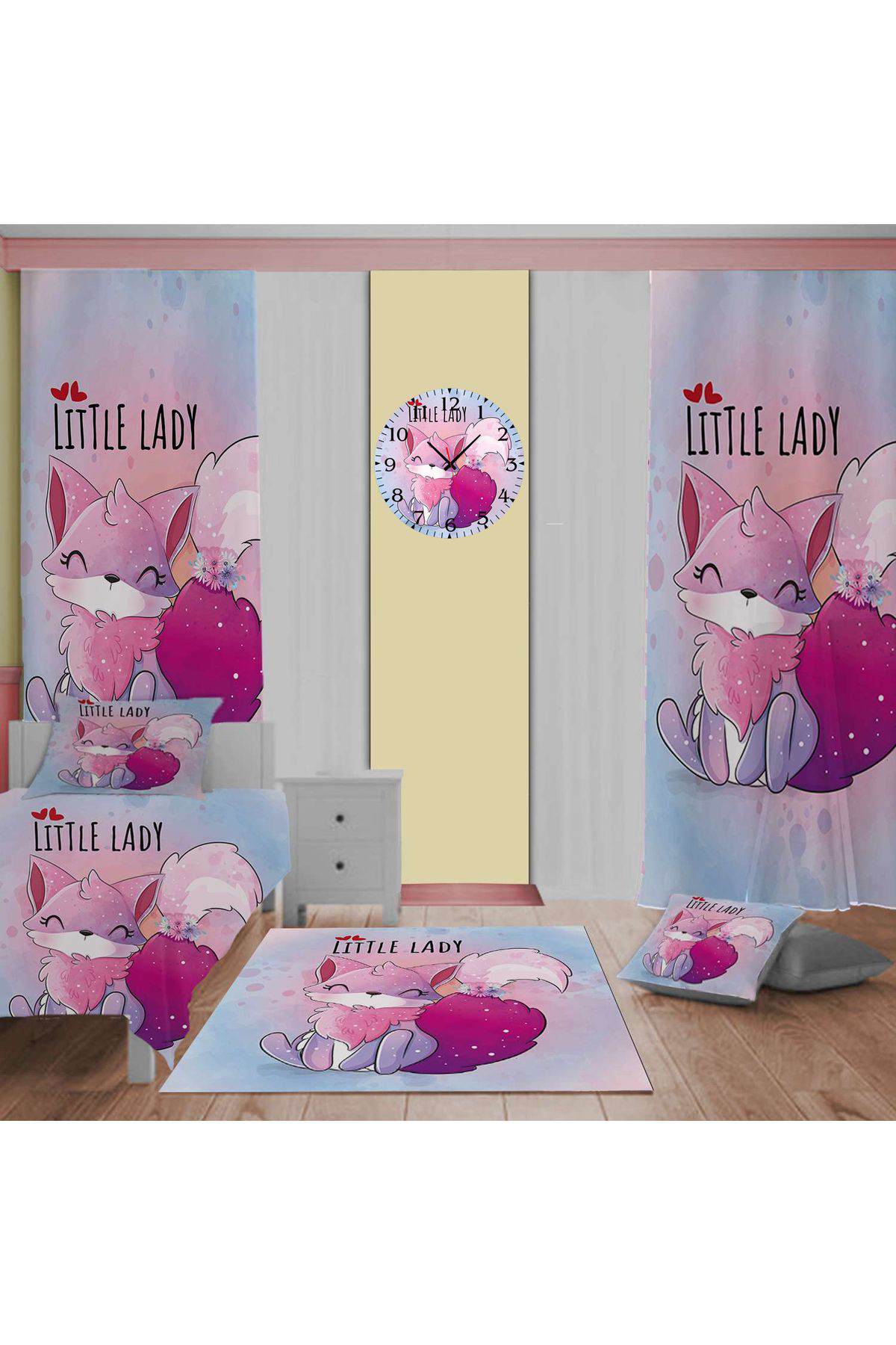 Evan Home Little Lady
 Desenli Çocuk Odası Takım Perde (İki Kanat),Yatak Örtüsü,Yastık,Kırlent ,Halı,Saat