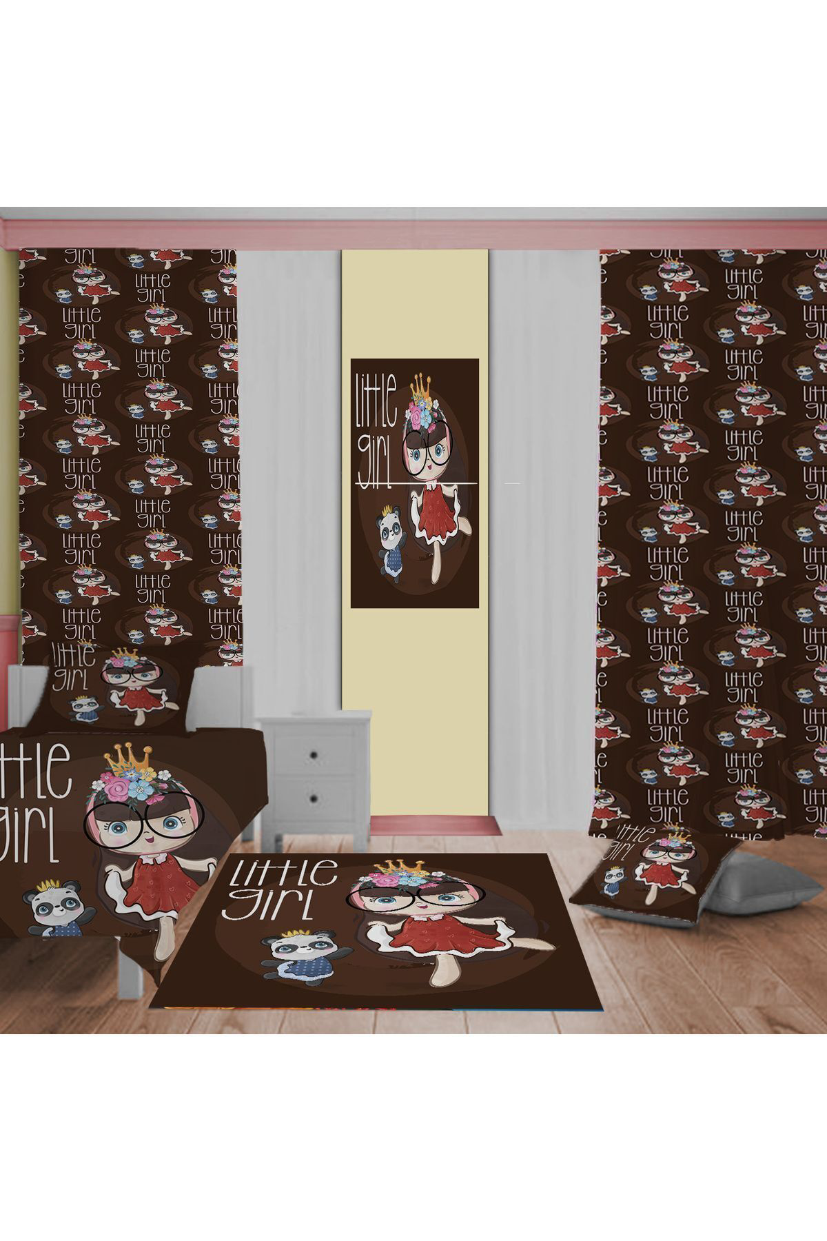 Evan Home Little Princess Desenli Çocuk Odasi Takim Perde (İki Kanat),Yatak Örtüsü,Yastik,Kirlent ,Hali,Tablo