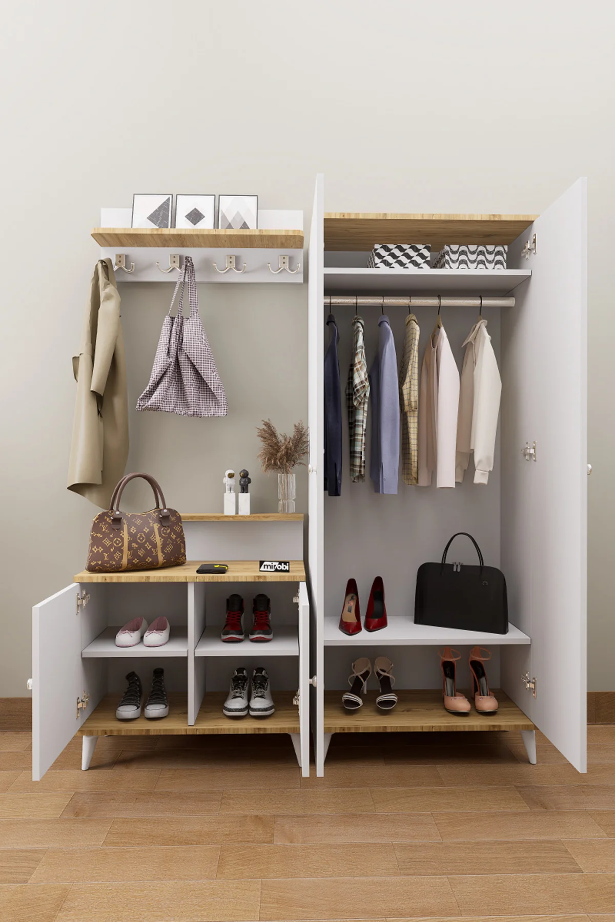 Loft Vestiyer Takımı Askılıklı 2 Kapaklı Ayakkabılık Dolabı Beyaz