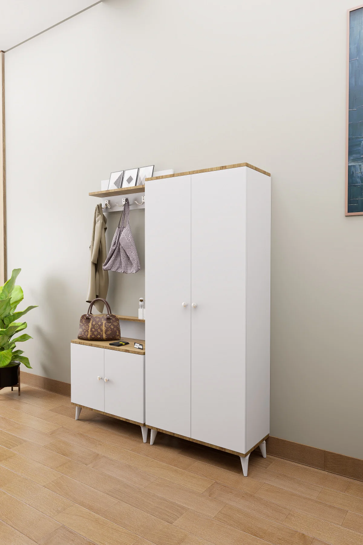 Loft Vestiyer Takımı Askılıklı 2 Kapaklı Ayakkabılık Dolabı Beyaz