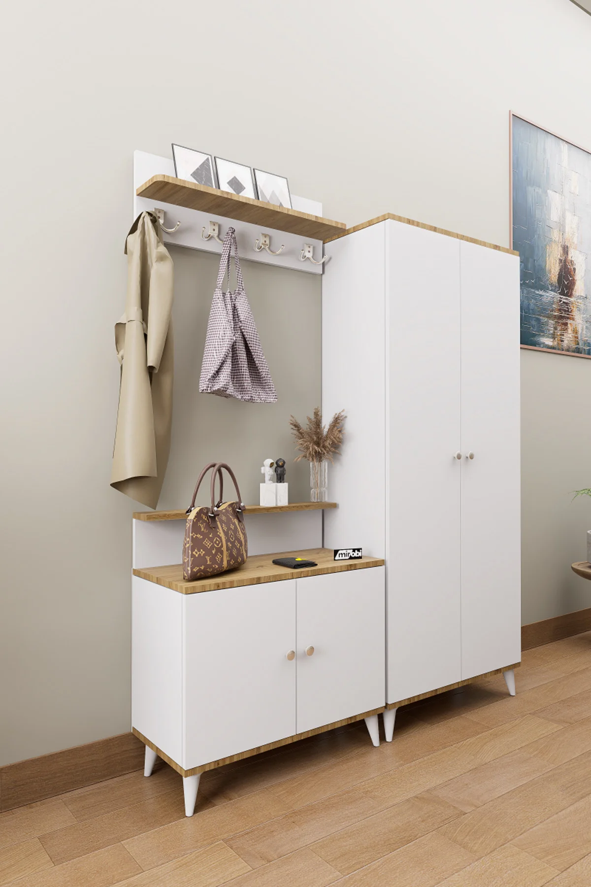 Loft Vestiyer Takımı Askılıklı 2 Kapaklı Ayakkabılık Dolabı Beyaz