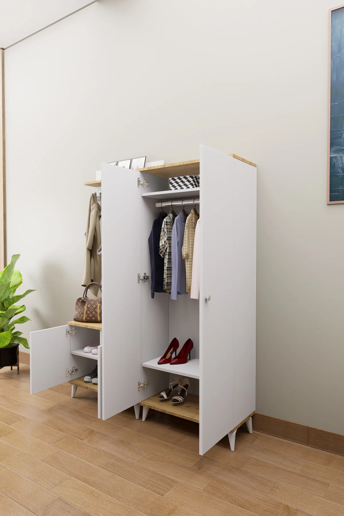 Loft Vestiyer Takımı Askılıklı 2 Kapaklı Ayakkabılık Dolabı Beyaz
