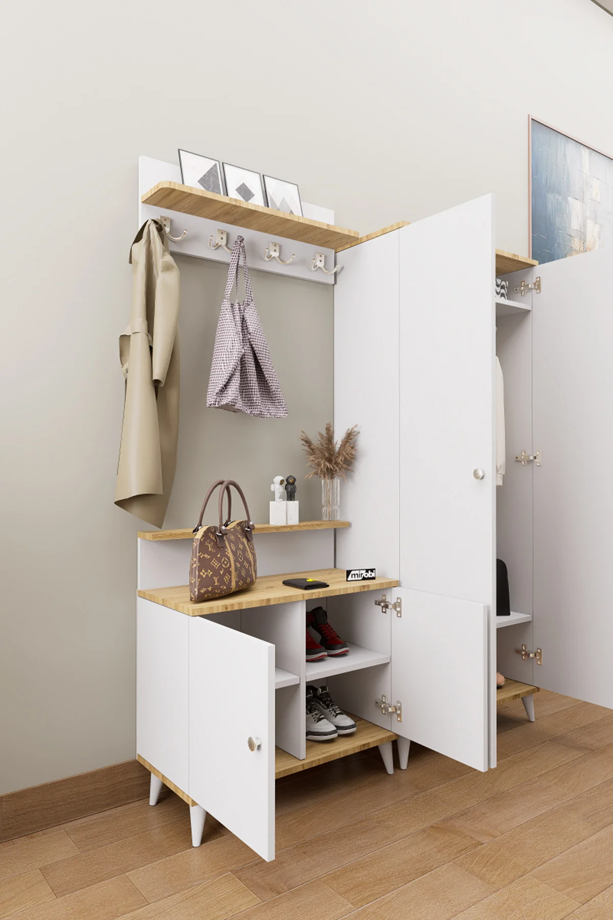 Loft Vestiyer Takımı Askılıklı 2 Kapaklı Ayakkabılık Dolabı Beyaz