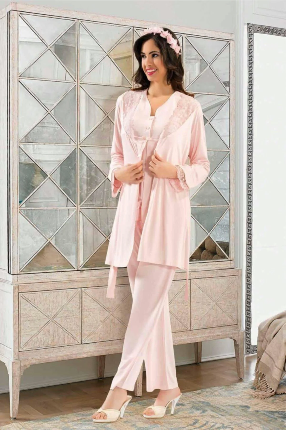 Lohusa 3lü Penye Pijama Takımı 2190 Pudra