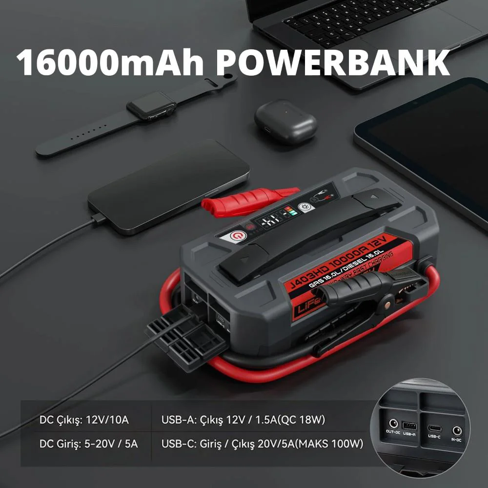 Lokithor J403HD 12V 10.000Amp Li-Polimer Akıllı Akü Takviye + Powerbank + Led Lamba Lokithor J403HD 12V 10.000Amp Li-Polimer Akıllı Akü Takviye + Powerbank + Led Lamba