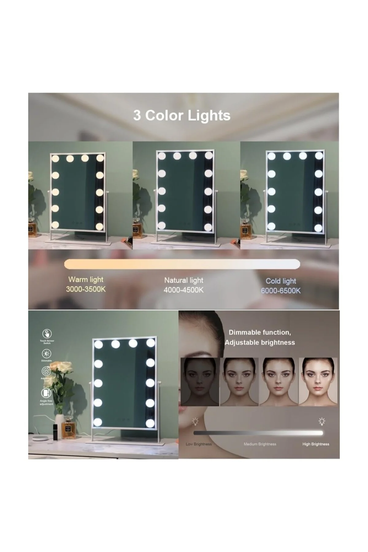 - LOM2085 Hollywood Style 3 Renk Led Işıklı Makyaj Aynası, Dokunm