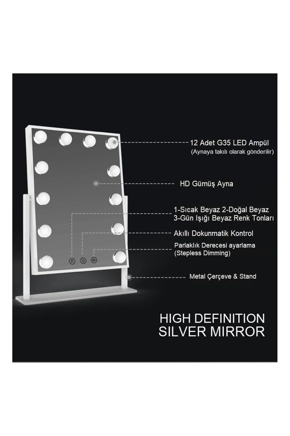 - LOM2085 Hollywood Style 3 Renk Led Işıklı Makyaj Aynası, Dokunm