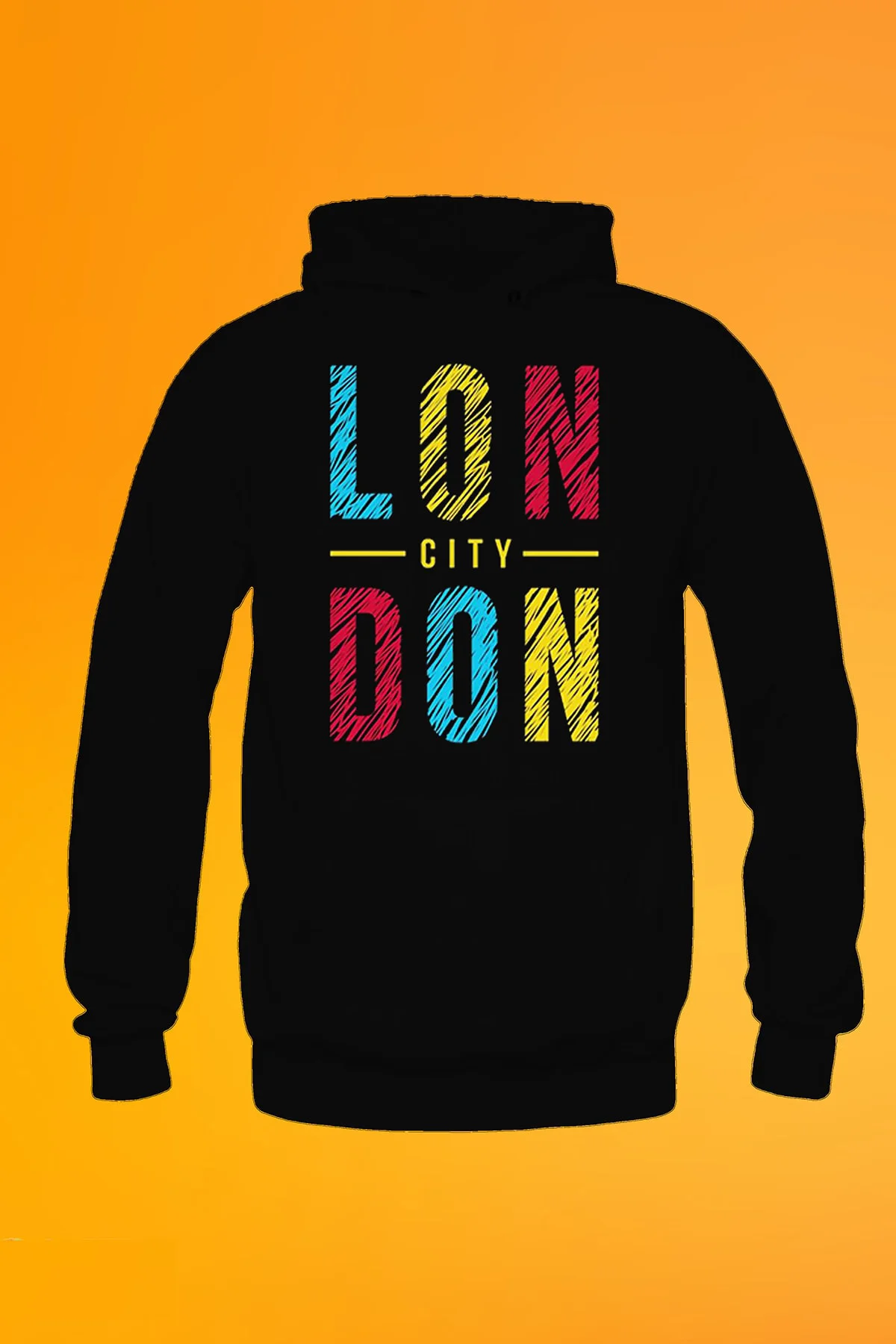London City Baskılı Siyah Unisex Kanguru Cep Kapüşonlu Sweatshirt