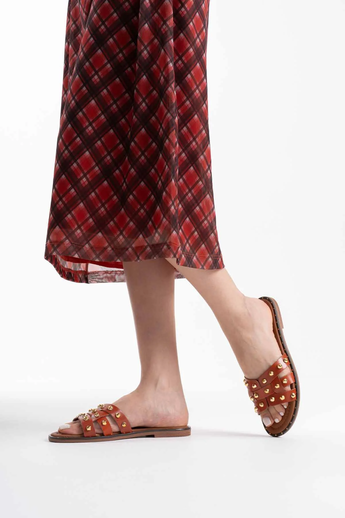 Loose Kiremit Rengi Hakiki Deri Taşlı Terlik